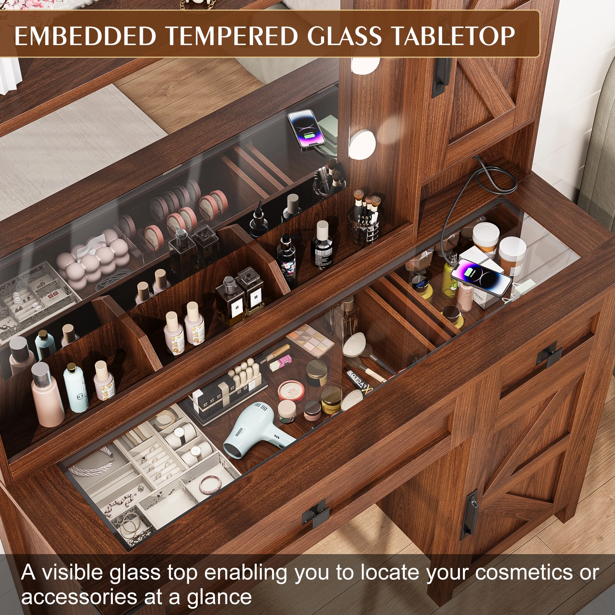 GIKPAL Makeup Vanity, Vanity Desk with Mirror & Glass Top, Farmhouse Vanity with Lights, Charging Station and Drawers, Rustic White