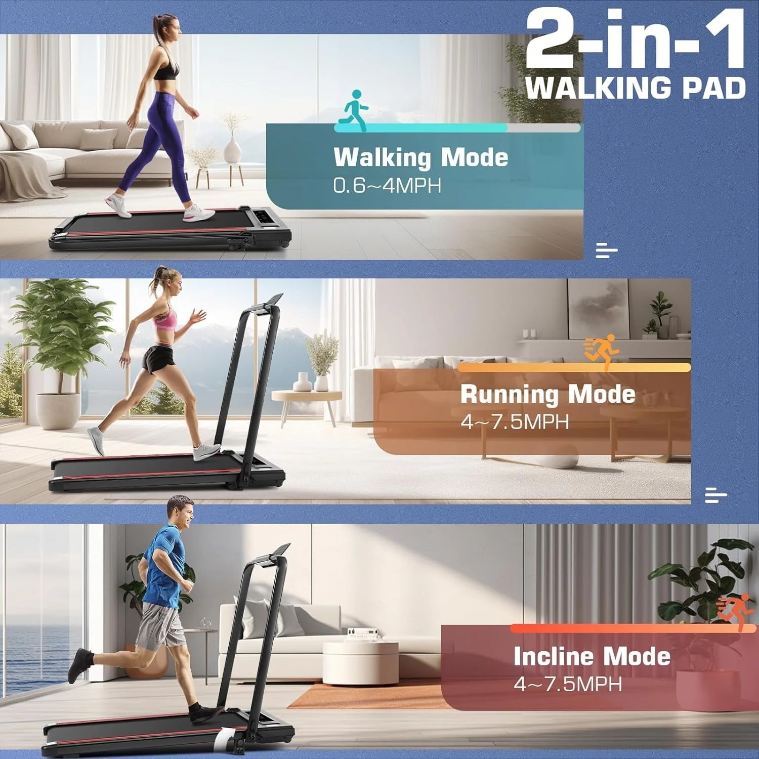 2 in 1 Folding Walking pad Treadmill, Jogging Running Under Desk Treadmill with Remote Control,Portable-Slim-Compact Treadmill for Home&Office（Black）