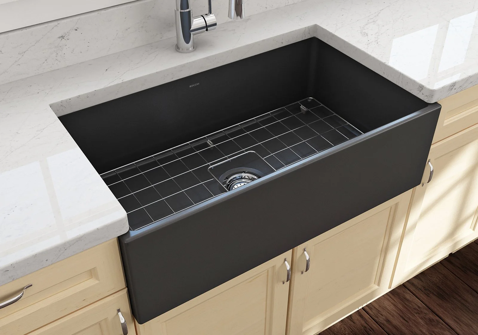 BOCCHI Contempo Apron Front Fireclay 33 in. Single Bowl Kitchen Sink with Protective Bottom Grid and Strainer in White