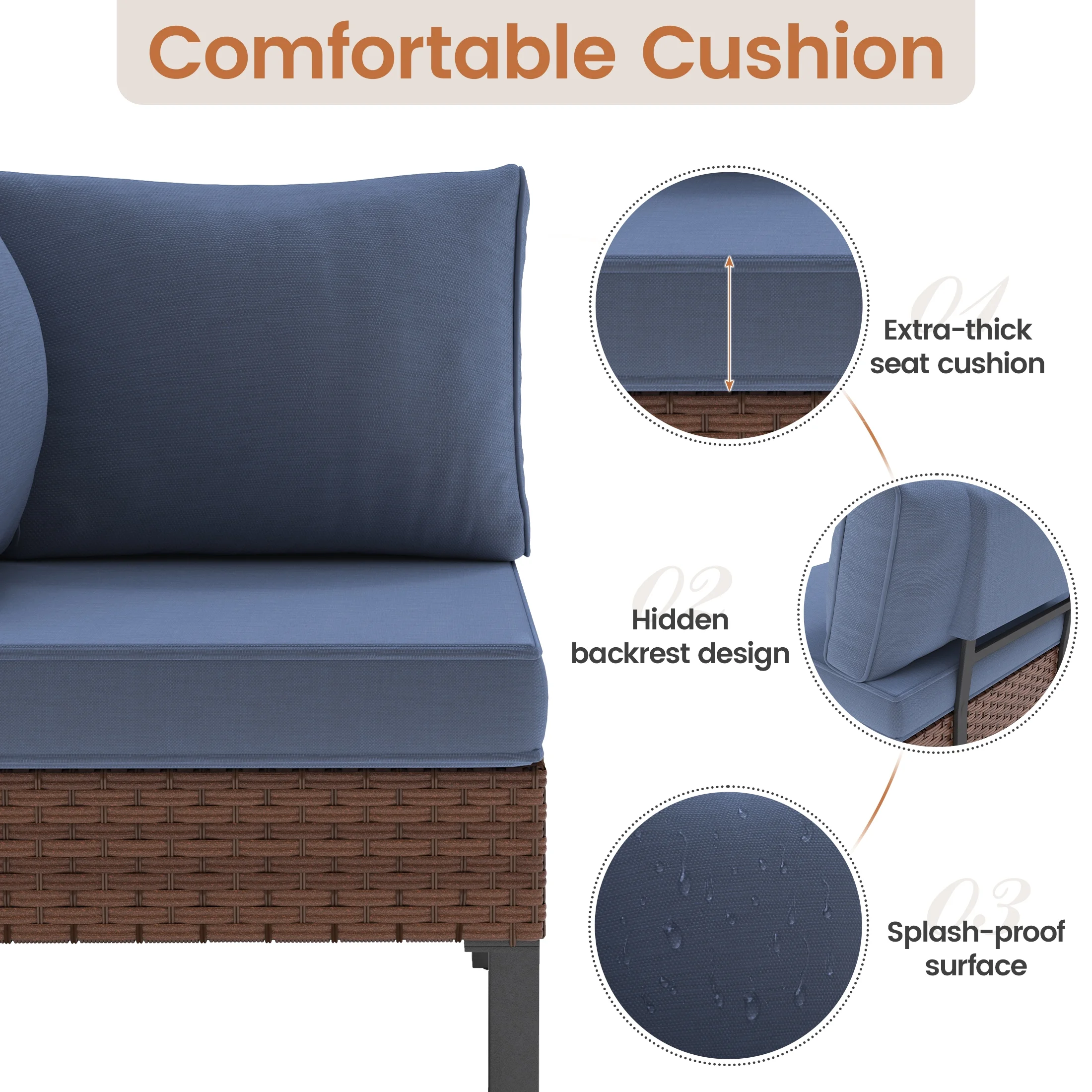 Poteban 5-piece Rattan Outdoor Patio Sofa Set,L-Shaped Sectional Sofa Couch with Coffee Table for Backyard,Lawn,Garden,Navy Blue
