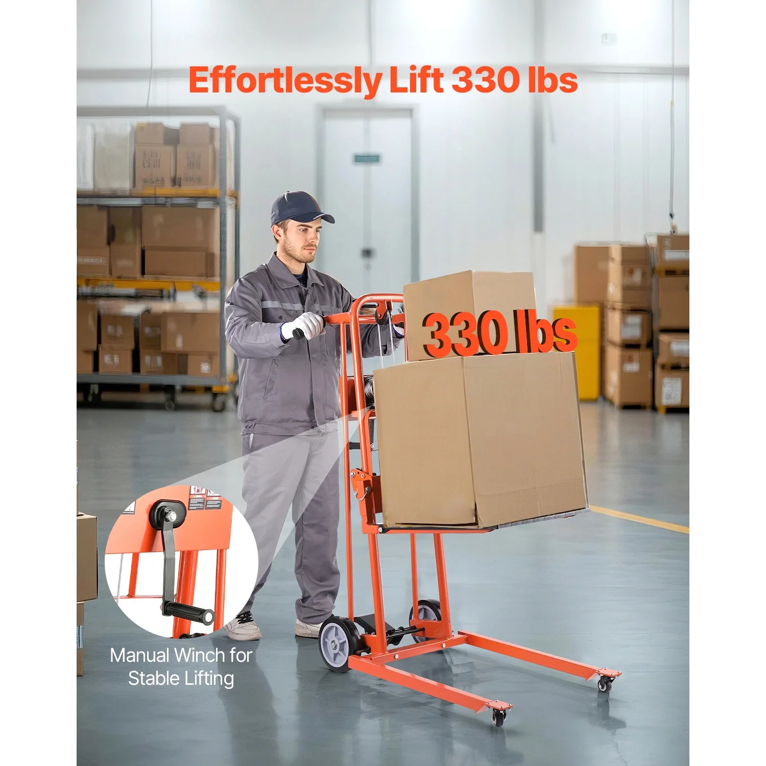 KFFKFF Manual Lift Stacker, Pallet Dolly with 330lbs Load Limit, Maximum Elevation of 42.9in, Winch Stacker, Versatile Pallet Truck Stacker Equipped with Rotating Wheels and Lifting Plate
