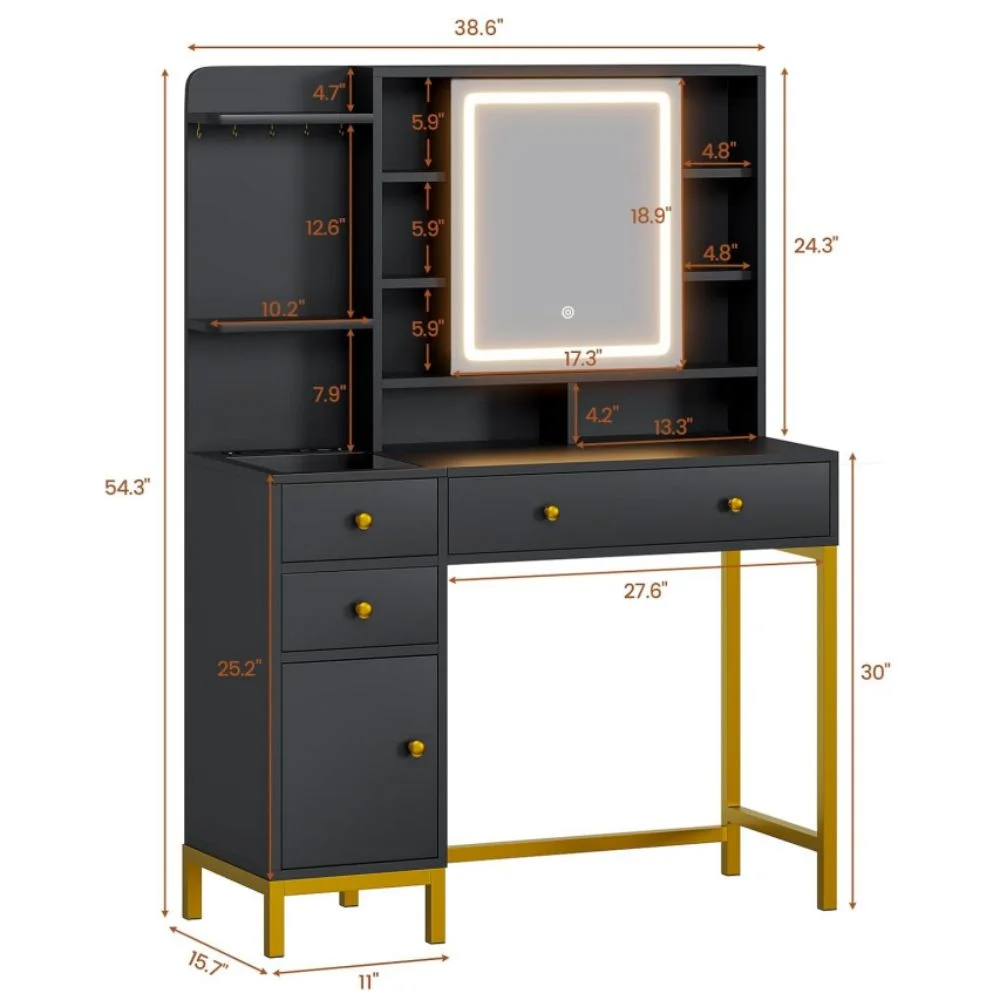 AOGLLATI Makeup Vanity with Lights in 3 Colors, White Vanity Desk with Mirror and Lights, Vanity Table with Charging Station, Makeup Desk with Visible Drawers, Hidden and Open Storage Shelves