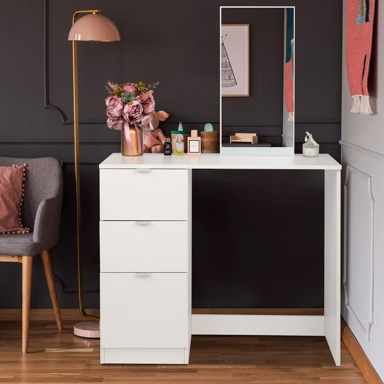 Ktaxon Vanity Set with 3 Color Lighted Mirror, Makeup Table with 6 Drawers, Dressing Table Makeup Desk with Stool,White