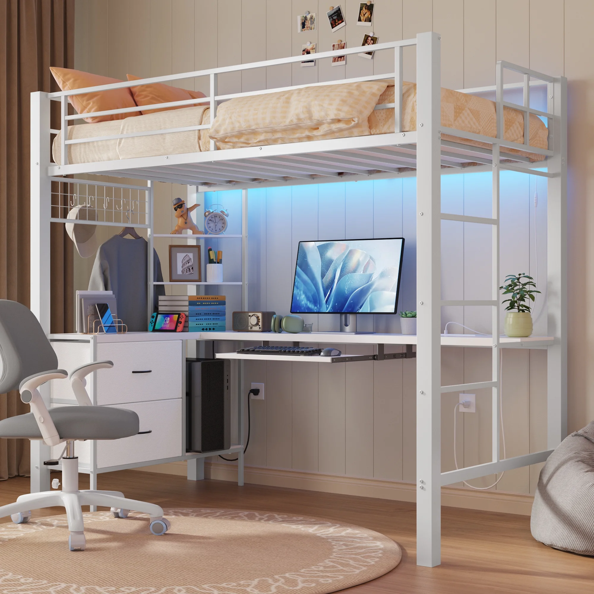 Loft Bed Frame with L-Shaped Writing Desk with Storage Drawers and Shelves, Lofka Twin Metal Bed with LED Lights and Charging Station, Retro Brown Board