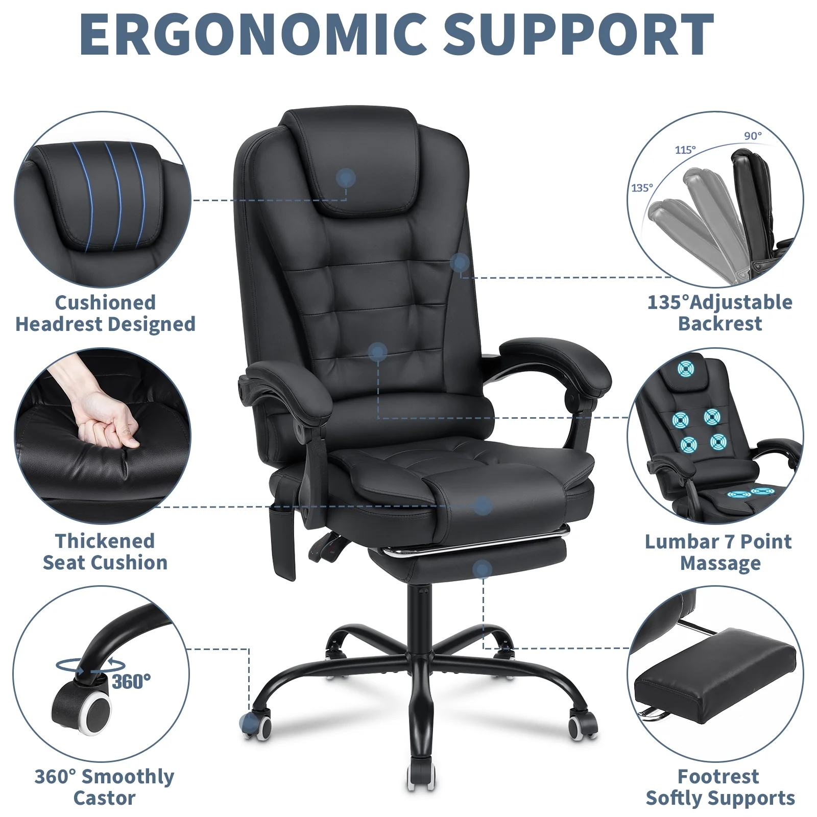 Hoffree Executive Office Chair Massage High Back Leather Office Chair with Footrest Reclining Computer Desk Chair Lumbar Back Support Swivel Rolling for Home Office Black