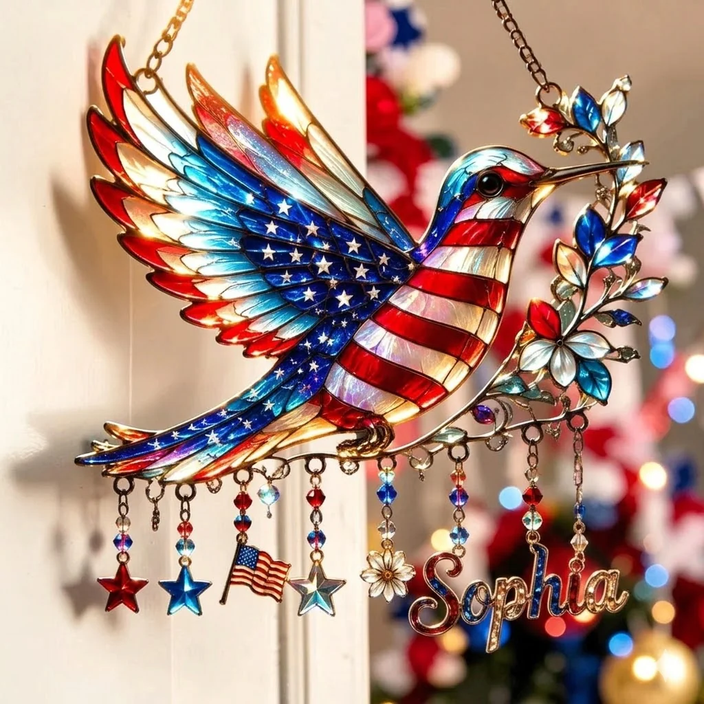 Patriotic Hummingbird - Personalized Suncatcher With Charm - 250th Anniversary Gift