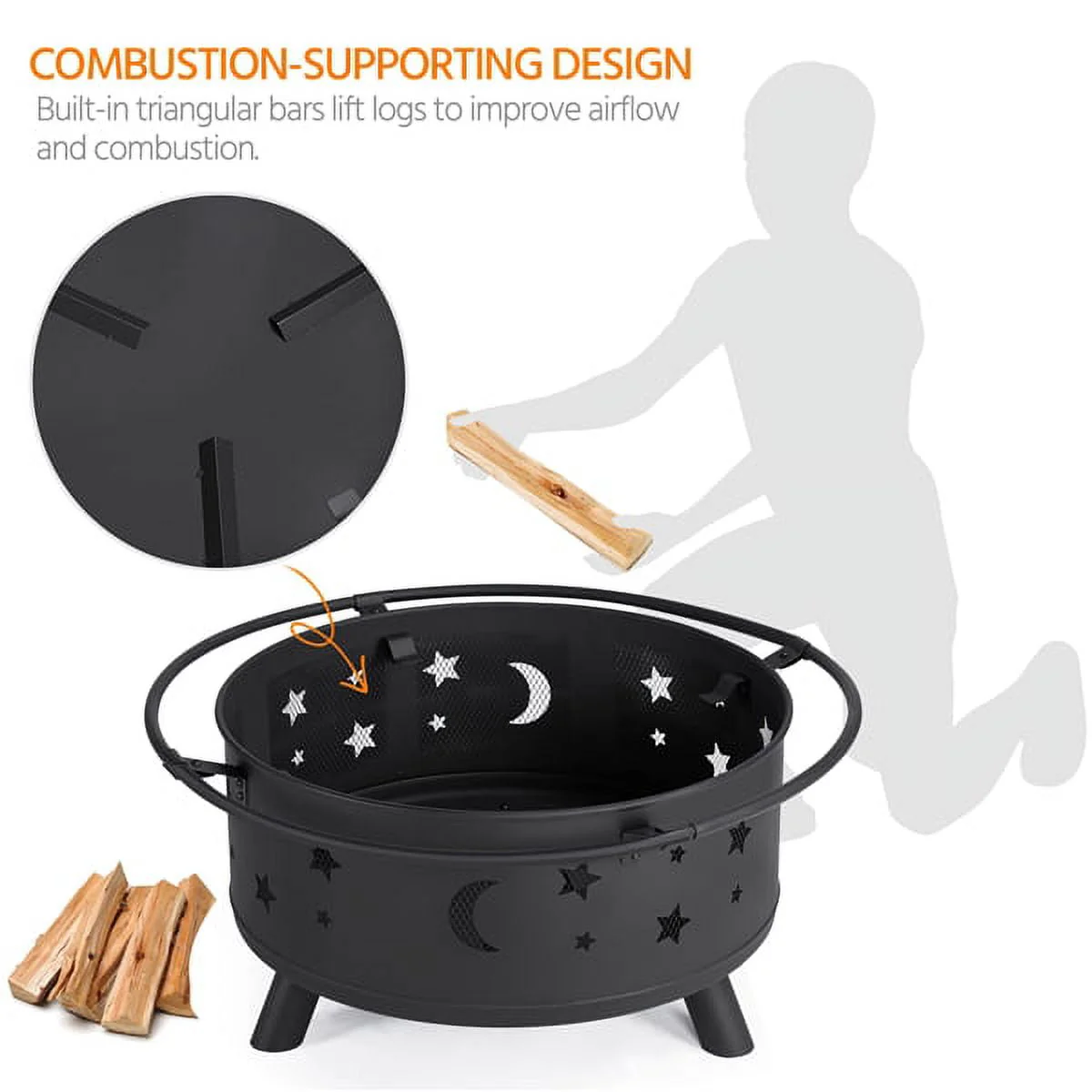 SMILE MART Iron Fire Pit Set Heating Equipment Camping Fire Bowl with Poker Mesh Cover for BBQ Backyard Patio Outdoor Fireplace Black