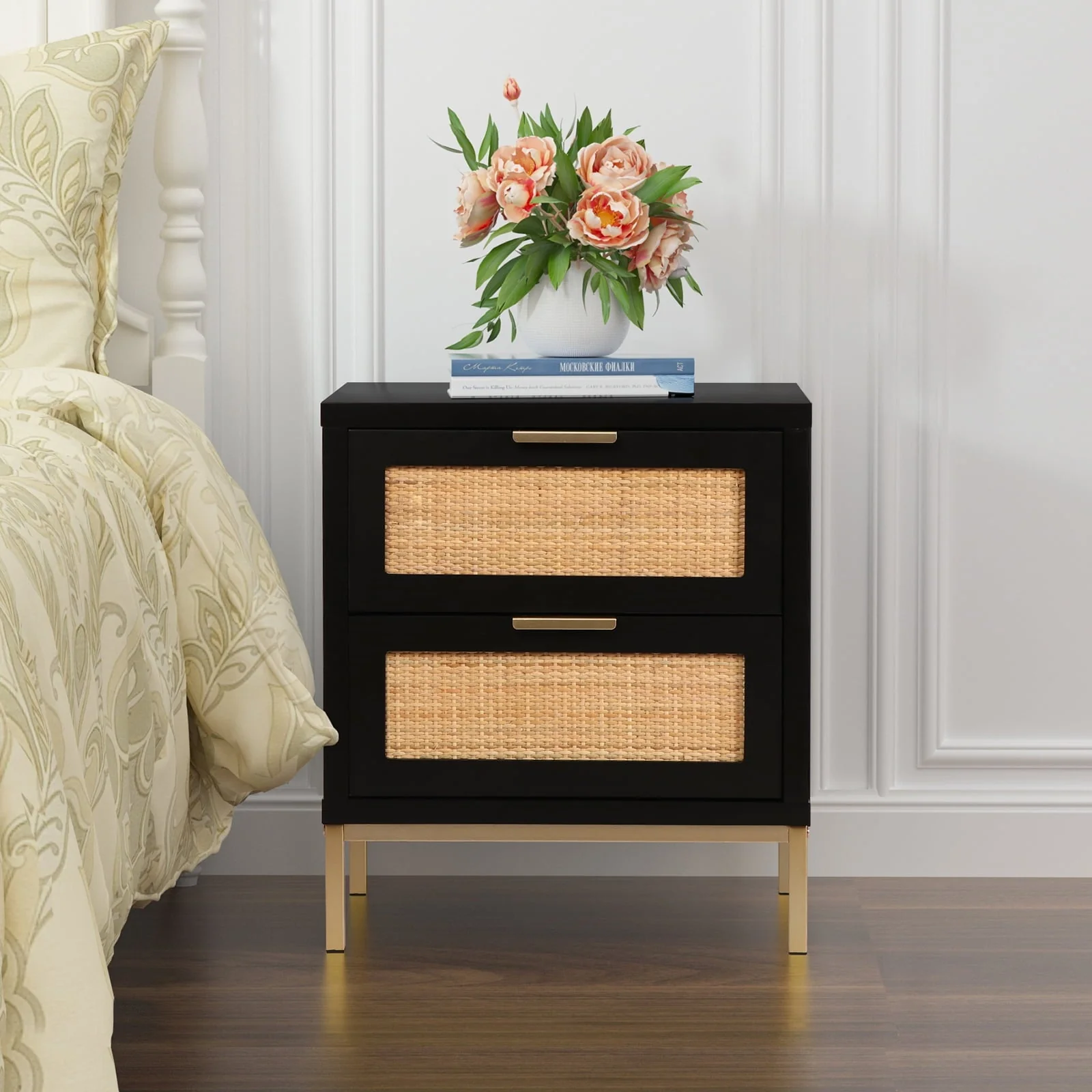 Eumyviv Modern Farmhouse Nightstands with 2 Rattan Drawer,Wood Bedside Table Storage Cabinet for Bedroom, Living Room,Natural Oak,H0021