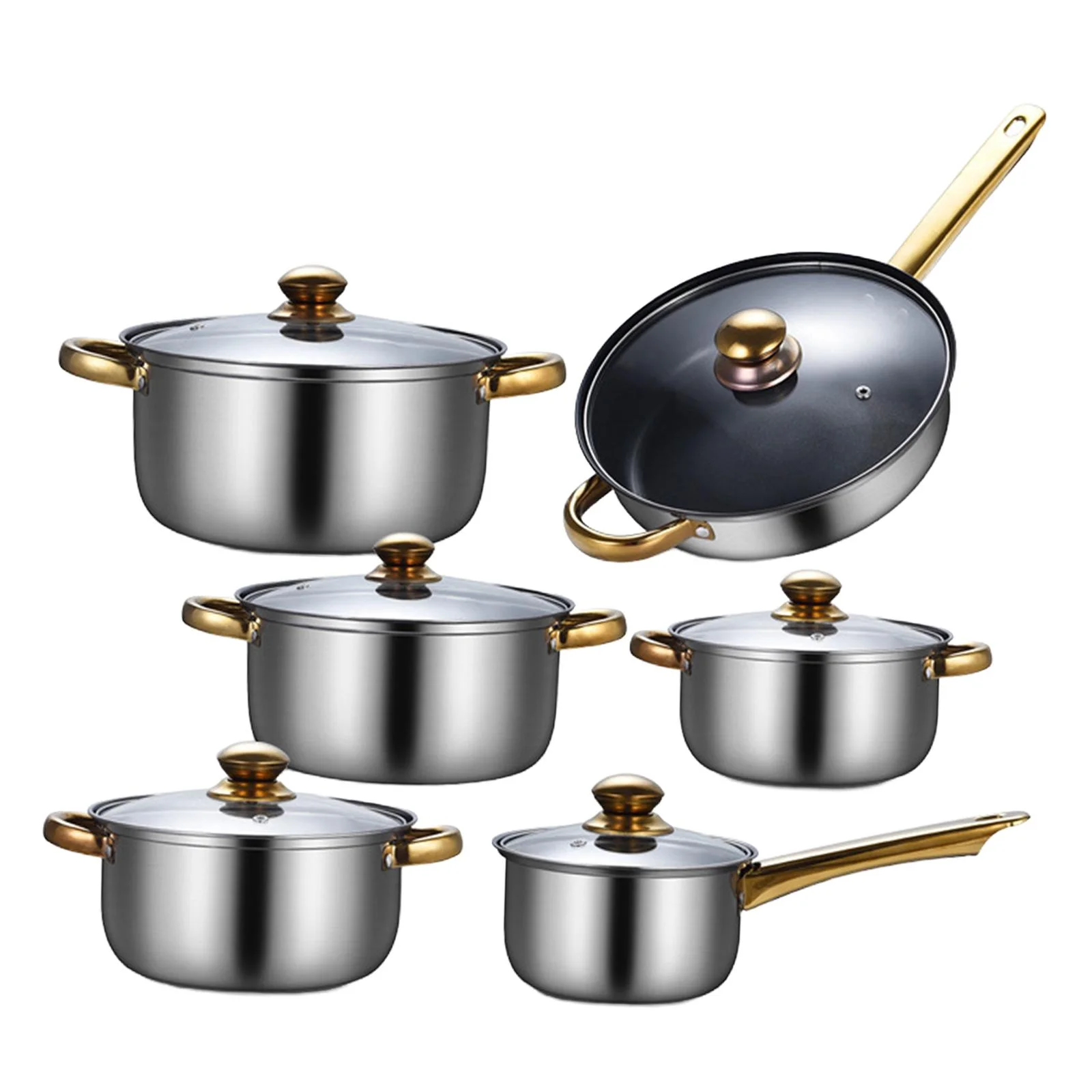 kowaku 6 Pieces Cookware Set Kitchen Cooking Set with Glass Lid, Soup Pot, Frying Pan Pots and Pans Set Stainless Steel for Kitchen Pans with soup pot