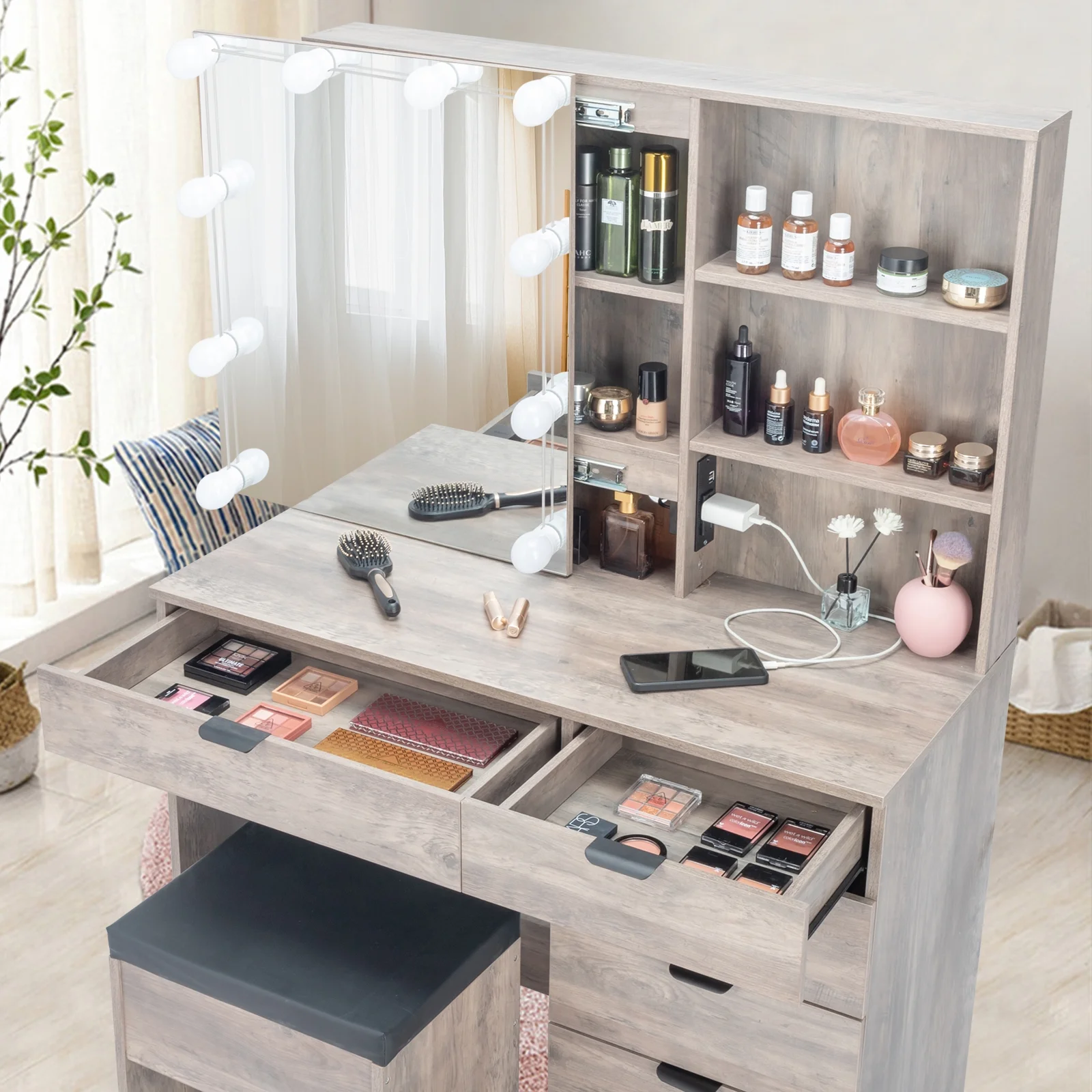 Ktaxon Vanity Set with 3 Color Lighted Mirror & Charging Station, Makeup Table with 3 Storage Shelves & Drawers, Dressing Table Makeup Desk with Stool,Retro Gray