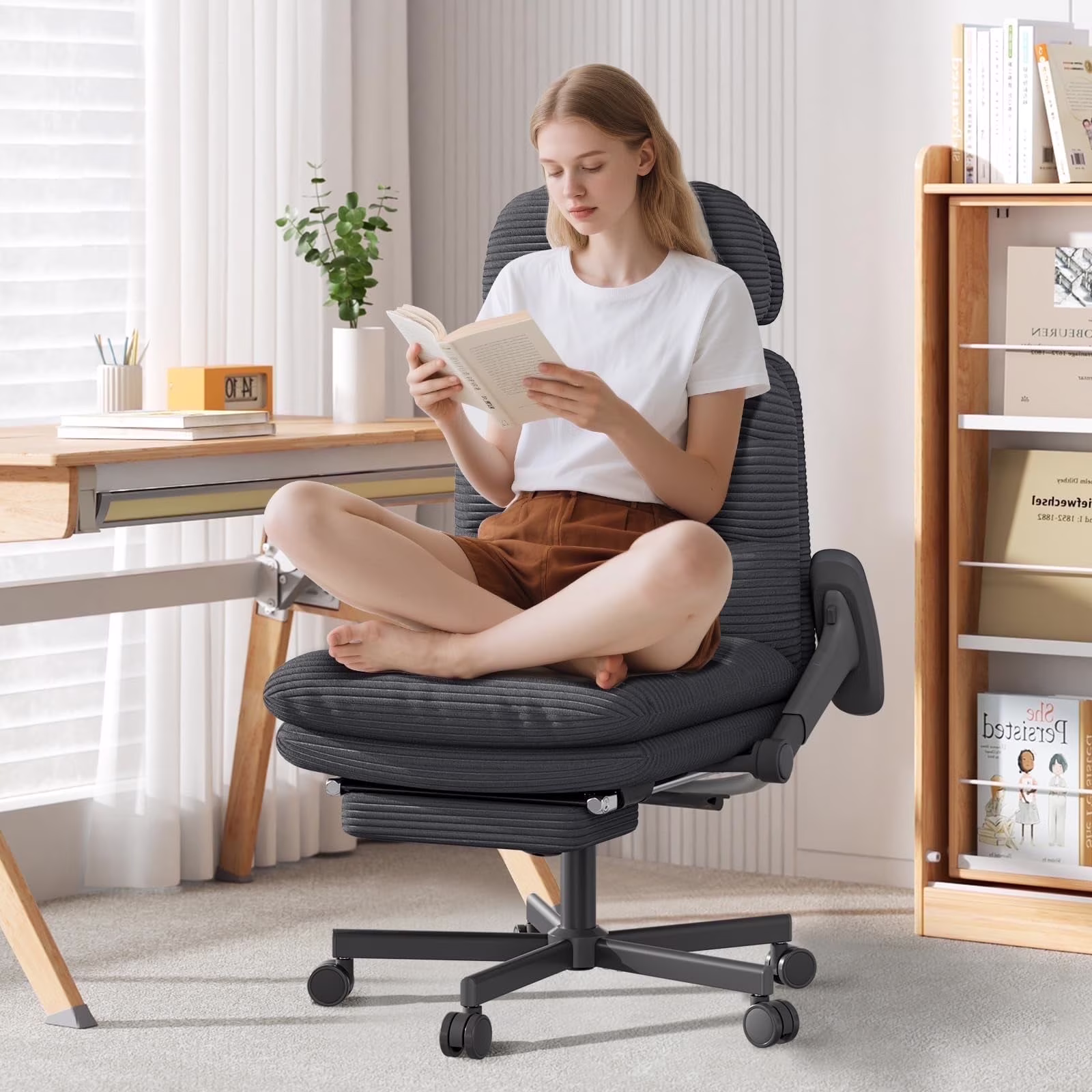 Solfway Criss Cross Chair with Wheels & Flip-up Arms, Executive Office Chair with Foot Rest, Swivel Cross Legged Office Chair, White Corduroy Fabric Comfy Computer Desk Chair, Vanity Chair for Home