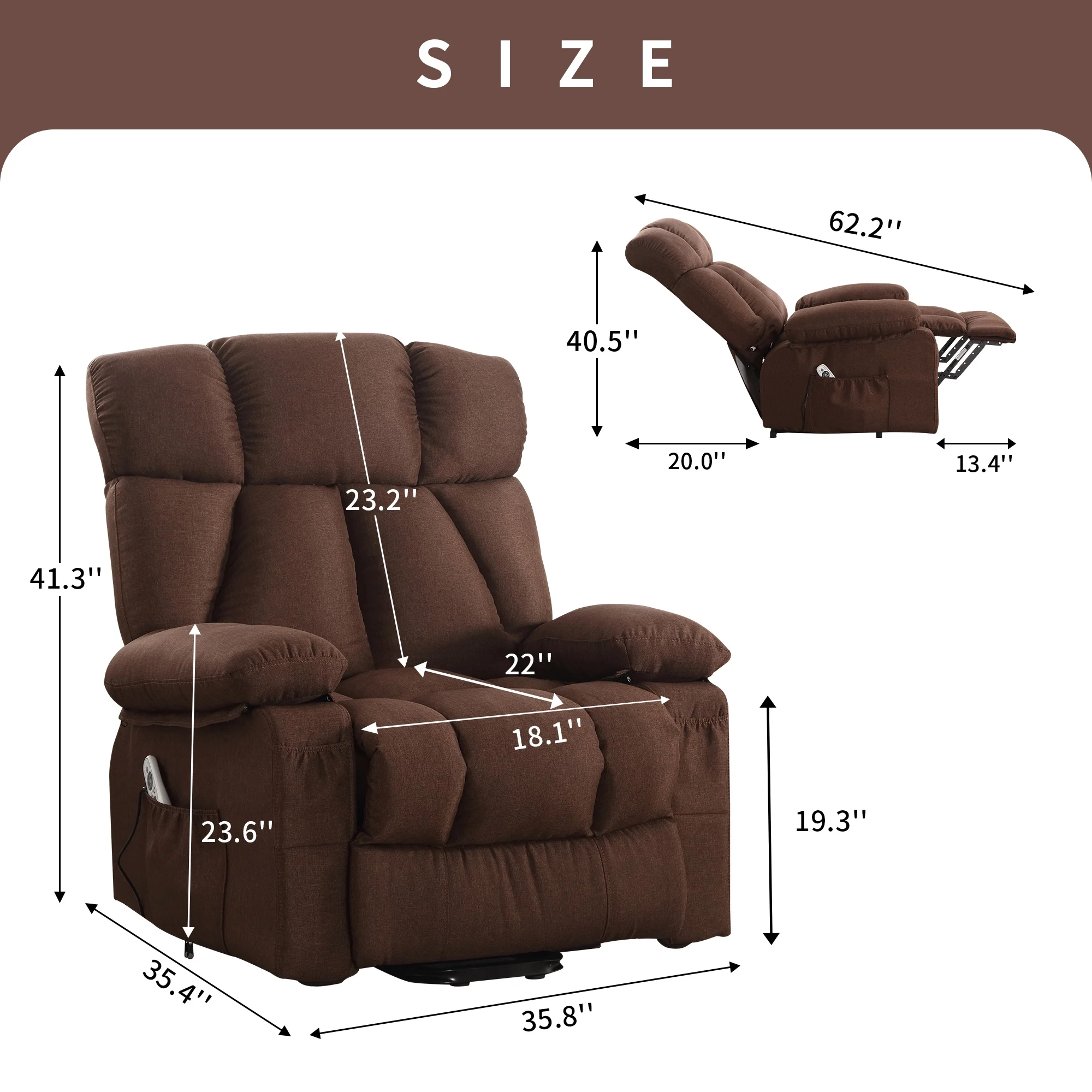 JONPONY Power Lift Recliner Chair Recliners for Elderly with Heat and Massage Recliner Chair for Living Room with Infinite Position and Side Pocket. USB Charge Port. Brown