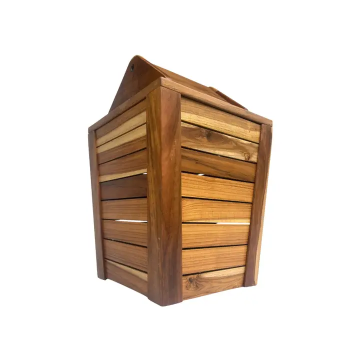 Teak Wood Trash Can with Swing Top Lid