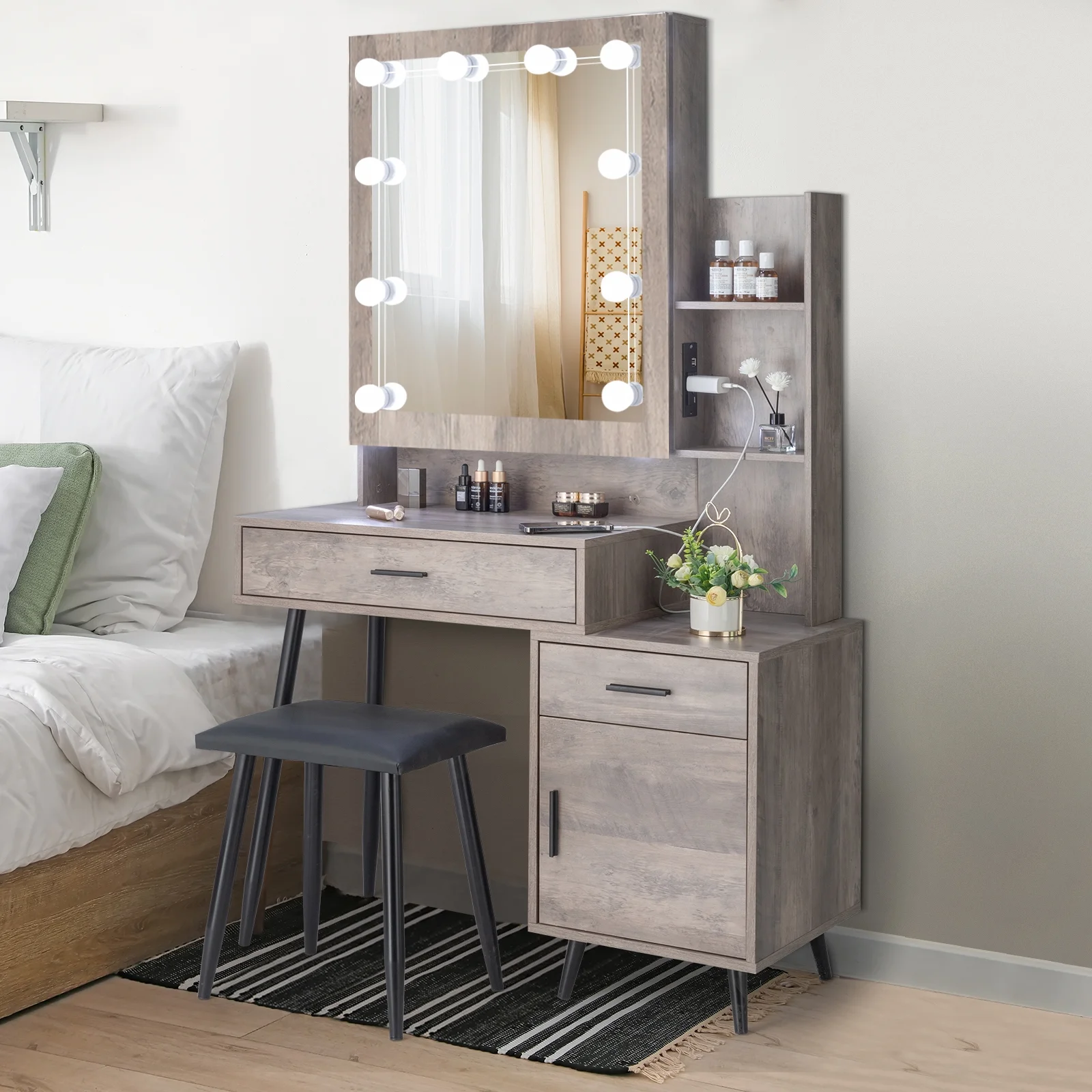 Kadyn Vanity Desk with Lighted Mirror, Vanity Table and Chair Set with 2 Drawers, Dressing Table Makeup Desk with 1 Door, Retro Gray