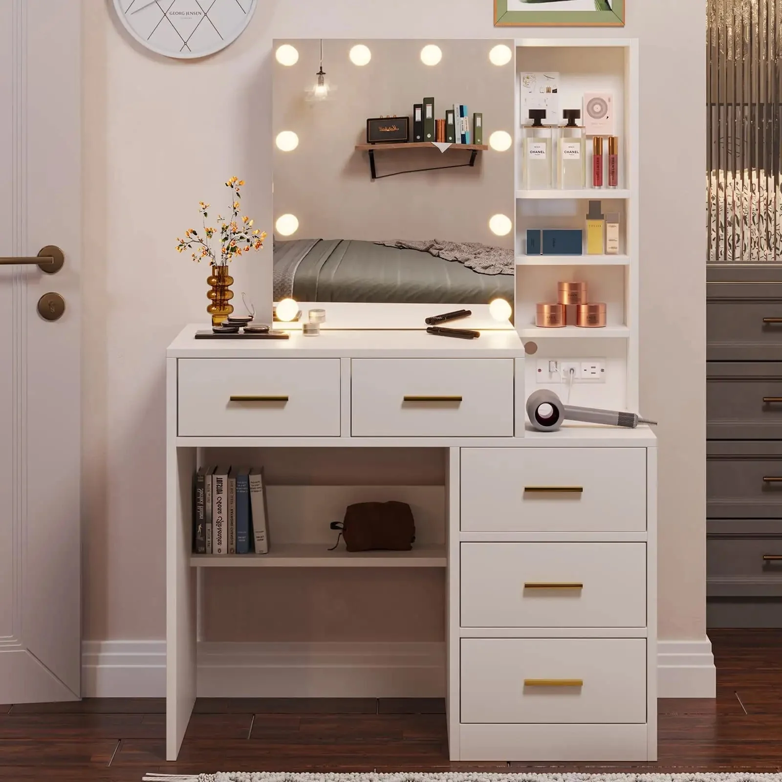 White Vanity Set Desk Table with 10 LED Lights & Charging Station & Sliding Mirror, Modern Makeup Vanity Desk Dressing Table with 5 Drawers for Bedroom, 10 LED Light Bulbs