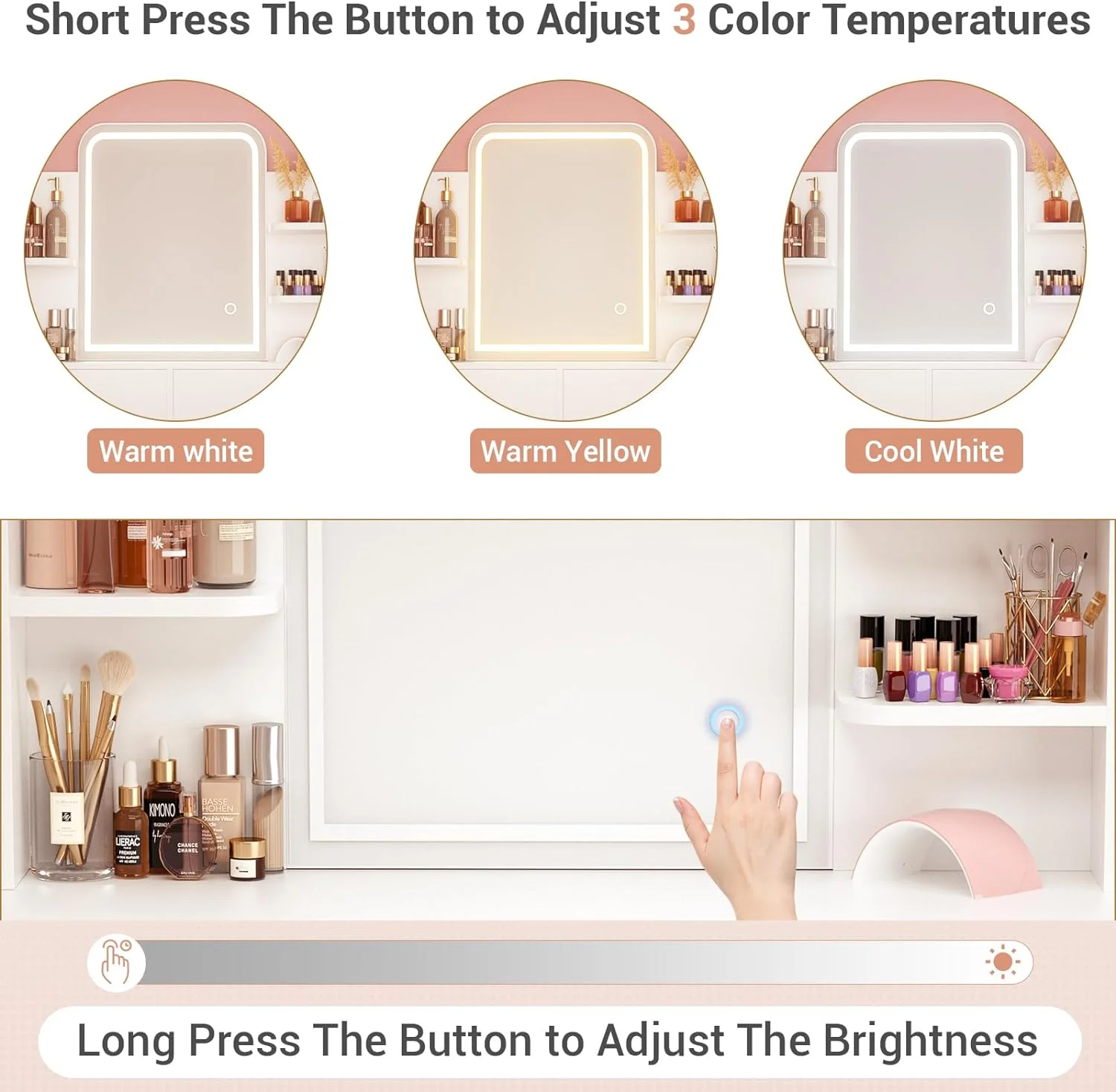 iSunirm Vanity Desk with Mirror and Lights, Makeup Vanity with 2 Drawers, Vanity Table Set with 3 Color Adjustable Lighting Options, Modern Dressing Table with Shelf, for Bedroom, Pink