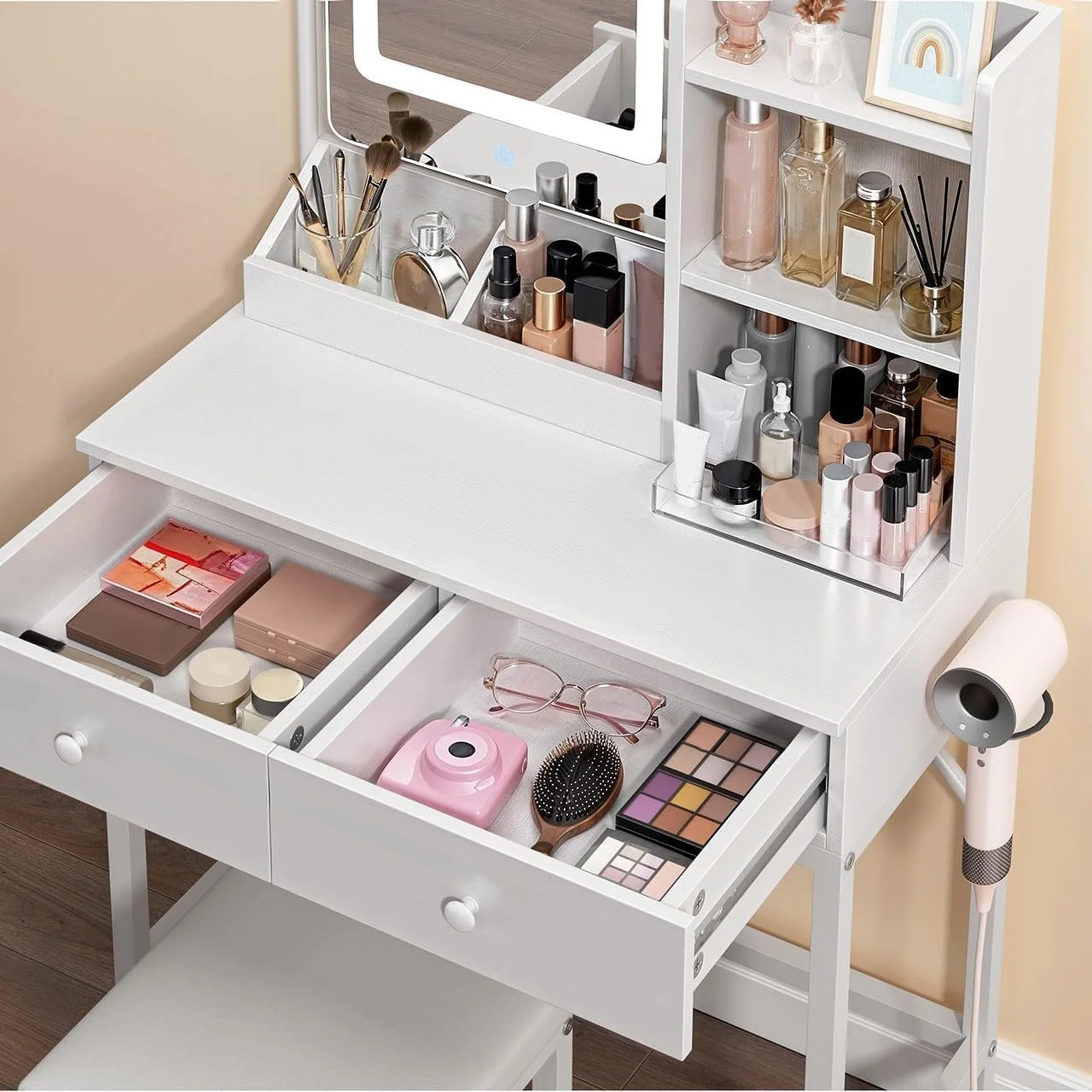 Makeup Vanity Desk with Mirror and Lights, 43.5�� Vanity Table with 5 Drawers & Storage Shelves, White