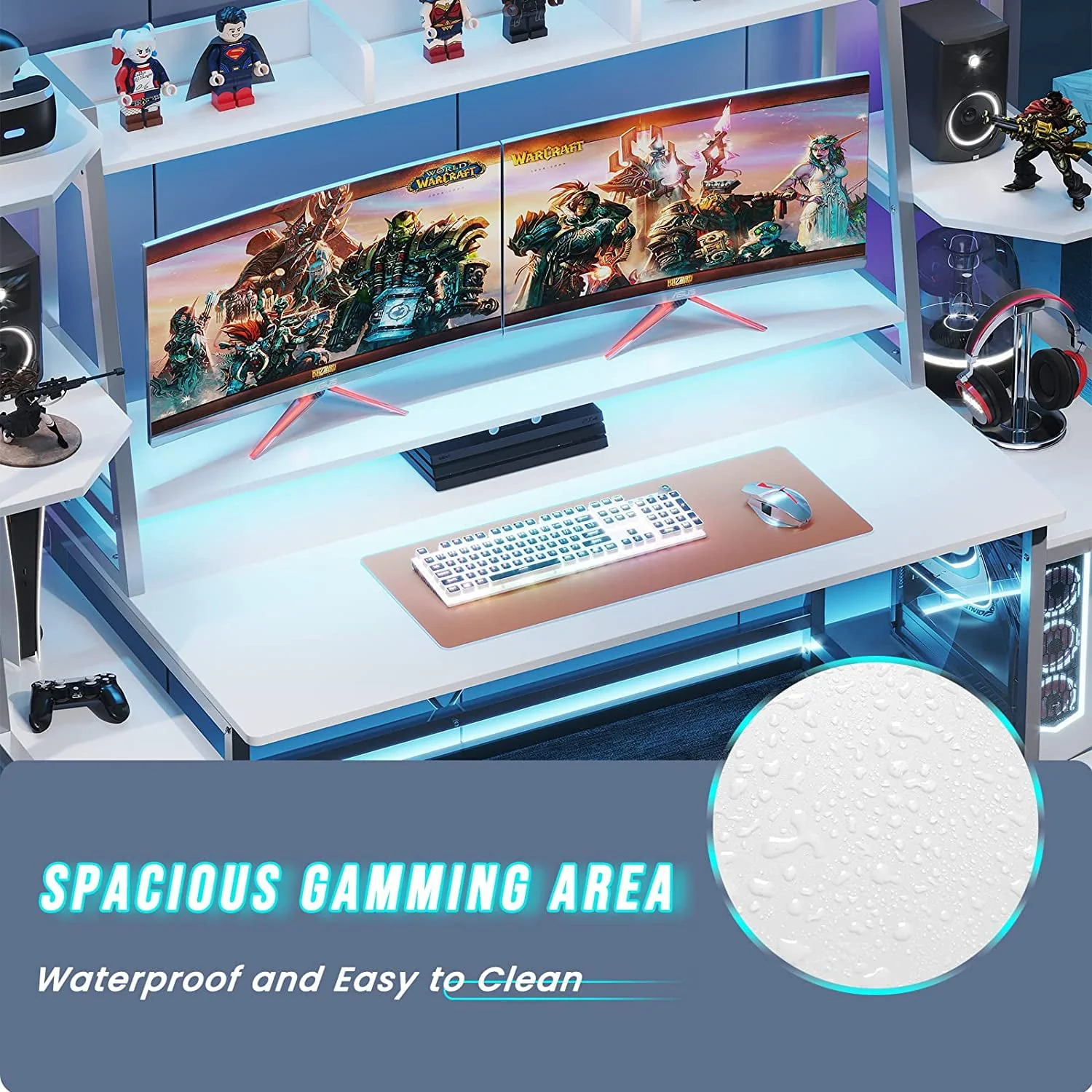 White Gaming Desk with LED Lights 78.8'' Computer Desk with Hutch & Monitor Stand Ergonomic Home Office Desk Table for Bedroom Living Room