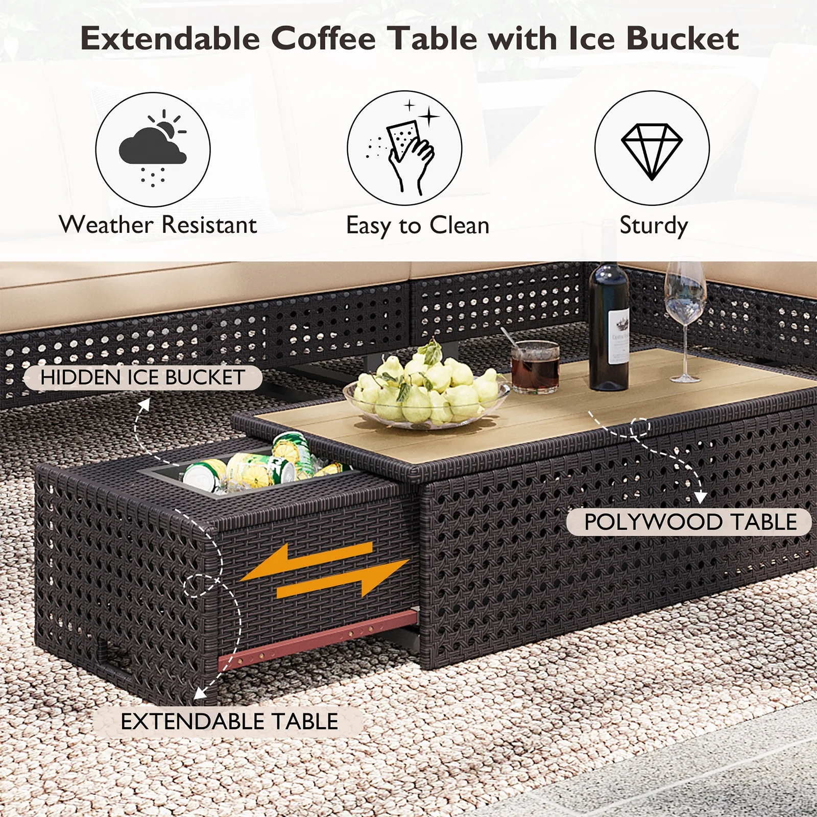6-Piece Outdoor Sectional Furniture Set for Patio, Expandable Coffee Table w/ Ice Bucket & Collapsible Seat, Deep Cushions - Khaki