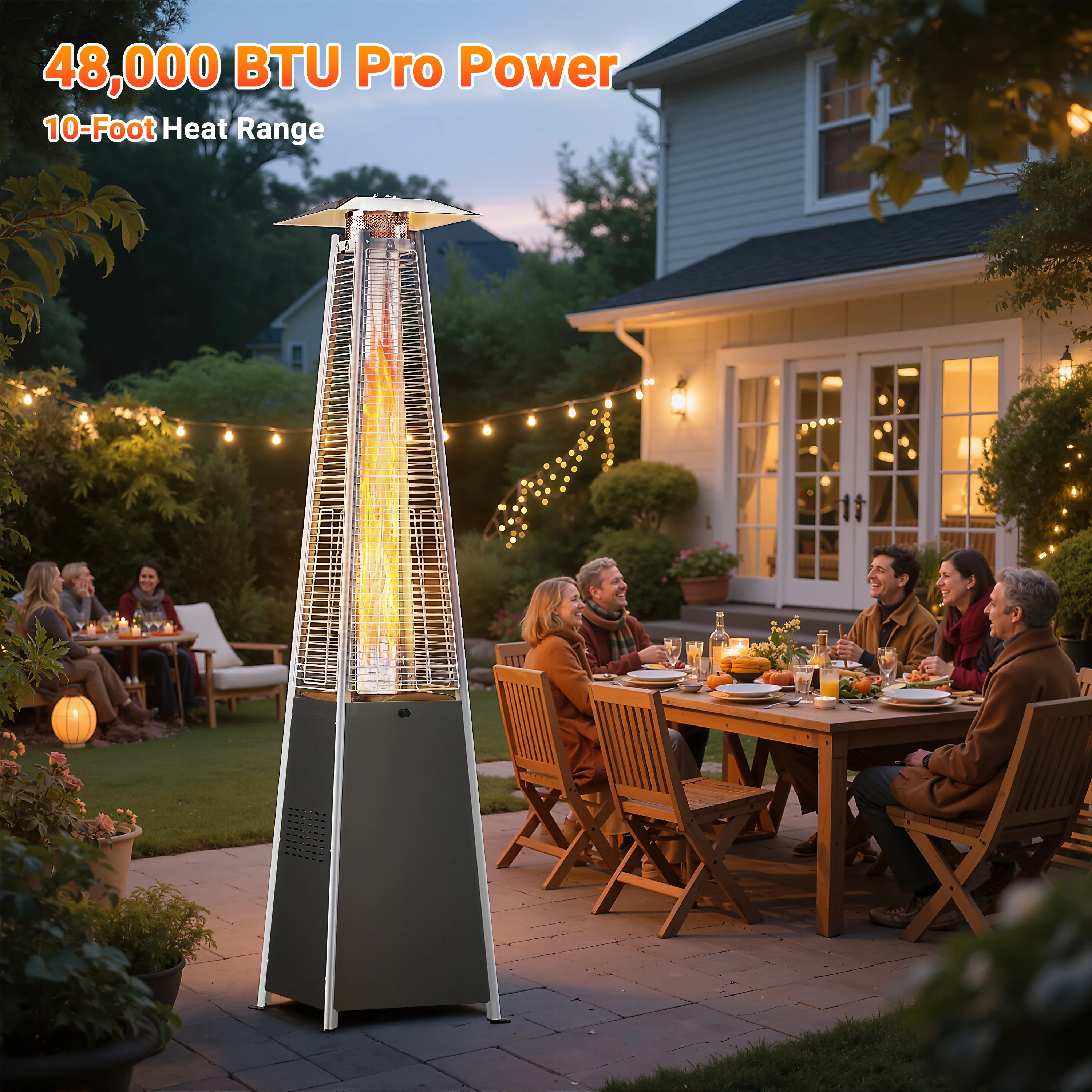 Segmart 48,000 BTU Pyramid Patio Heater, Tall Standing Outdoor Propane Heater with Wheels & Tip-Over Safety Protection, Visible Flame Glass Tube for Backyard, Garden, Commercial Use - Gray