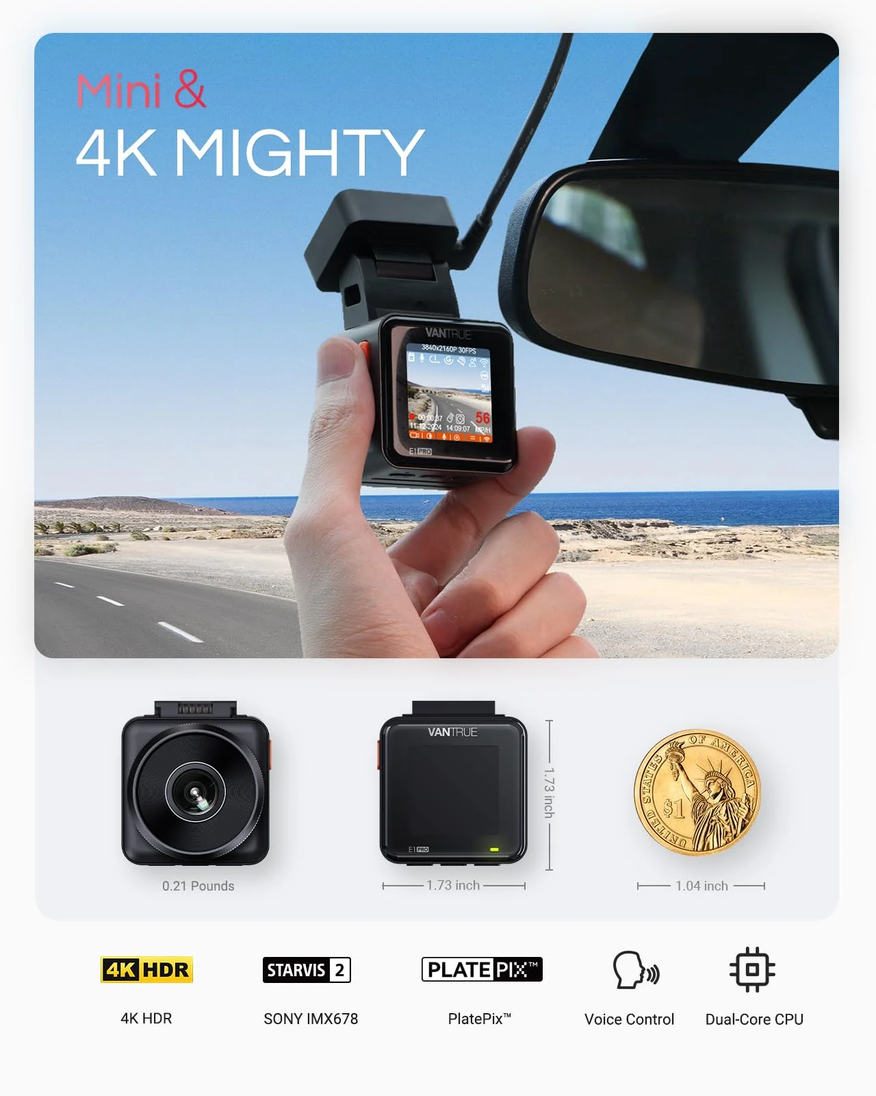 Vantrue Element1 Pro 4K Mini Dash Cam Front, STARVIS 2 PlatePix? HDR Night Vision Car Camera, Built-in 5G WiFi GPS, Voice Control, 24/7 Buffered Parking Mode, Support 1TB Max