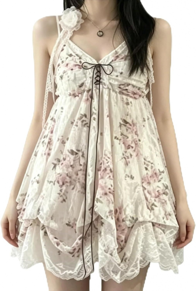 Spaghetti Strap Lace Mini Dress 2000s Women Cute Summer