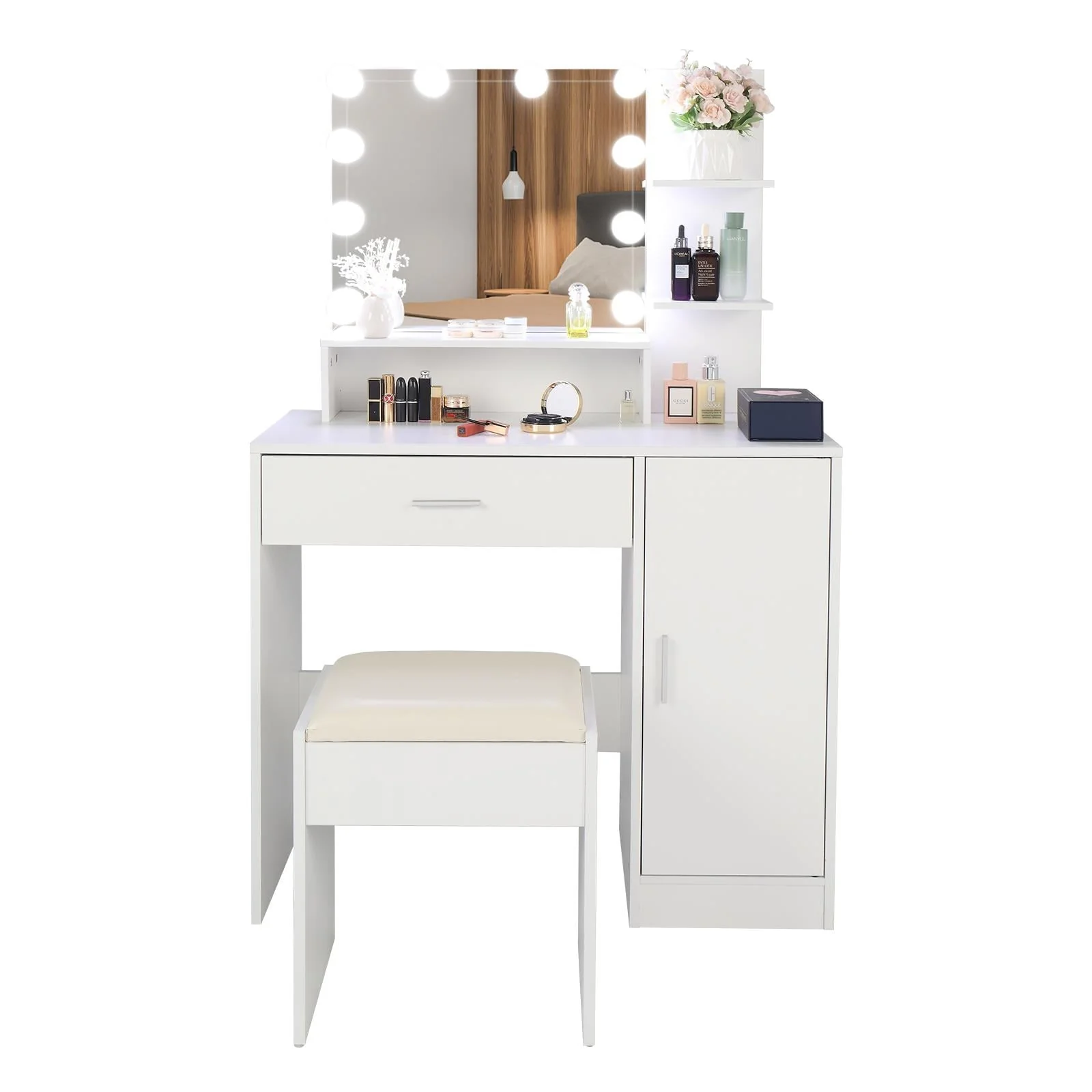 Ktaxon Vanity Set with 3 Color Lighted Mirror, Makeup Table with 3 Storage Shelves & Drawers, Dressing Table Makeup Desk with Stool,White