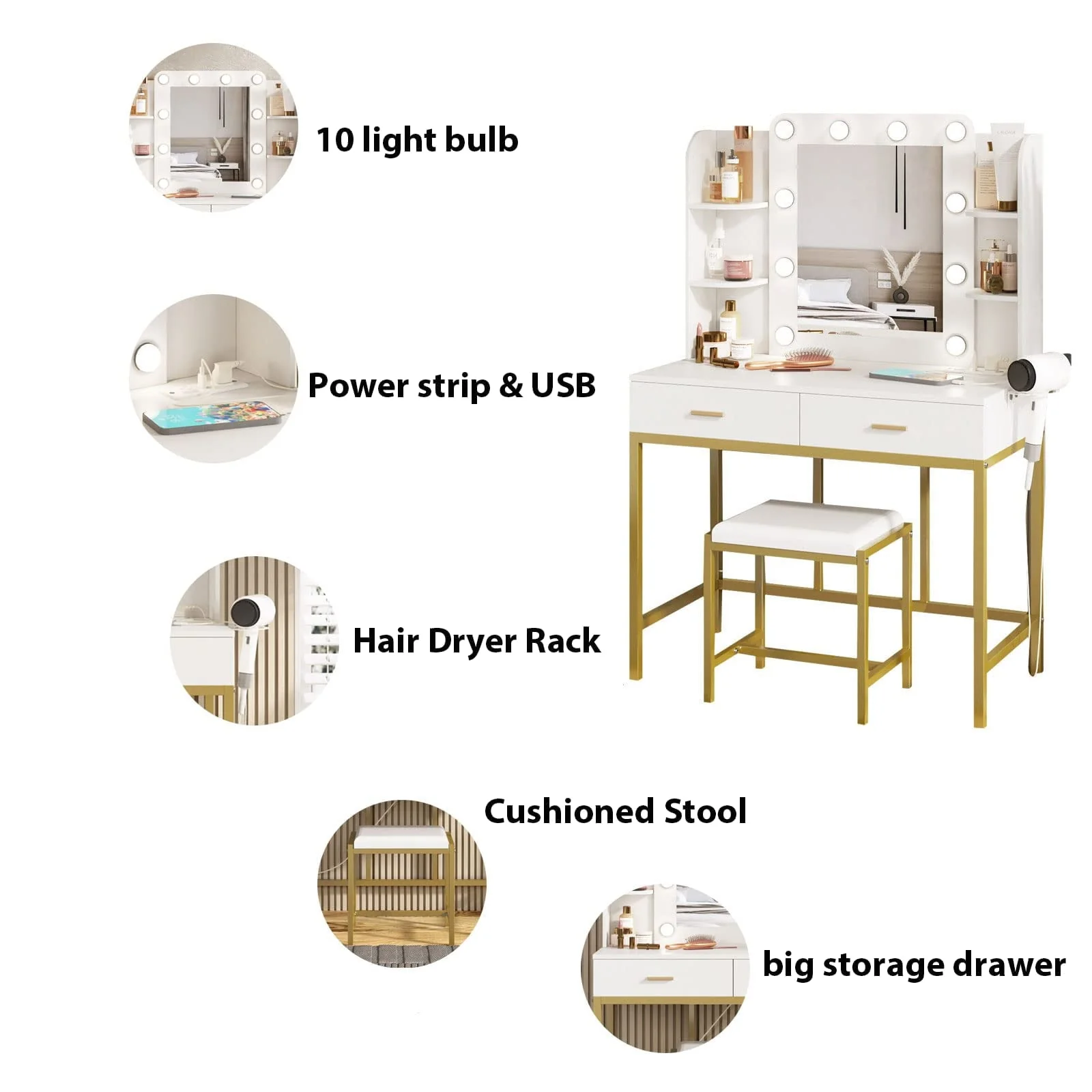 Makeup Vanity with Lighted Mirror & Power Strip, White Vanity Set Vanity Desk with Hair Dryer Holder, Modern Makeup Vanity 3 Lighting Colors, Brightness Adjustable, 35.5in(W)
