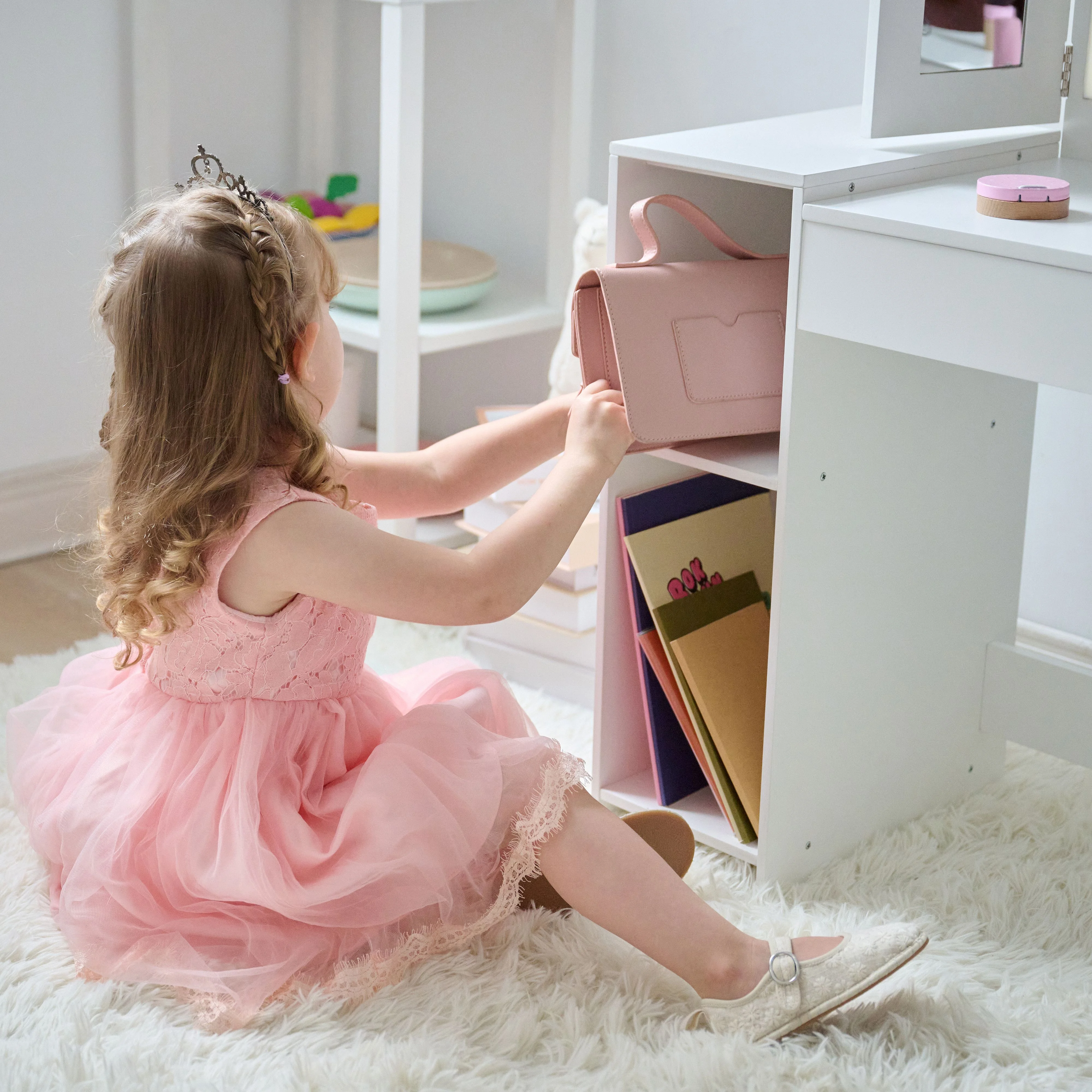 Teamson Kids 2-in-1 Wooden Vanity and Desk with LED Lights, Mirror & Stool �C Dual Purpose Play Makeup Vanity and Desk, Pretend Play for Girls Ages 3+