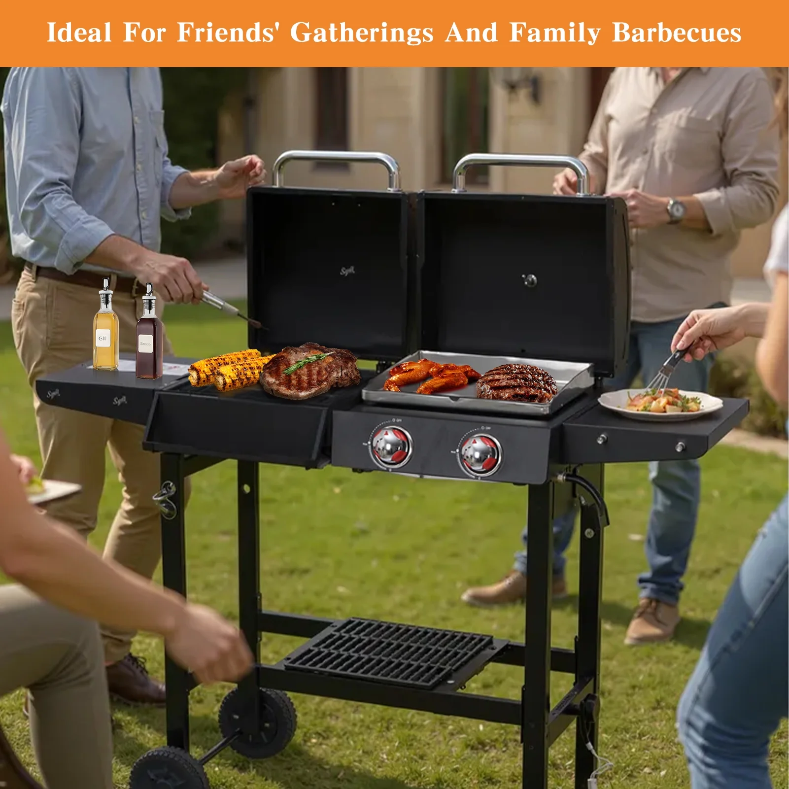 2 Burner Gas and Charcoal Combo Grill, 21,000 BTU Output Outdoor Barbecue Grill with Cast Iron Grates and Versatile Mini Grill Pan, Perfect for Outdoor Cooking, Balcony, Backyard, Camping, BBQ Grill