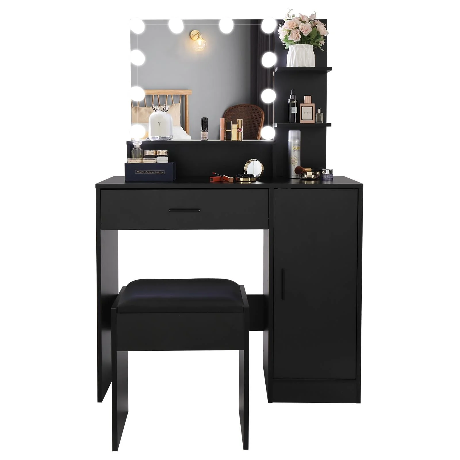 Ktaxon Vanity Set with 3 Color Lighted Mirror, Makeup Table with 3 Storage Shelves & Drawers, Dressing Table Makeup Desk with Stool,White