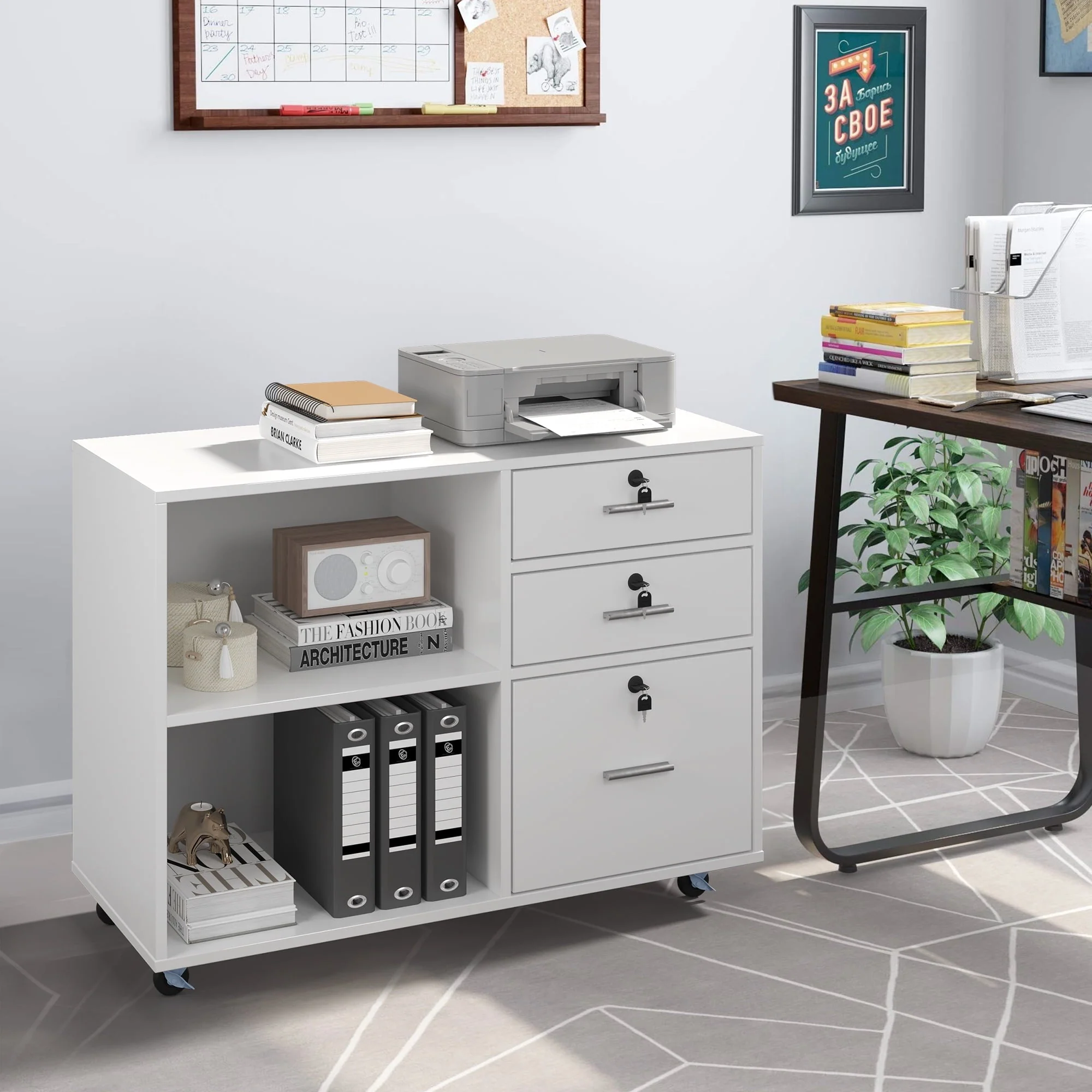DEXTRUS 3 Drawer Wood Lateral Filing Cabinet with Locks, Printer Stand Storage File Cabinet with Shelves for Home Office, White