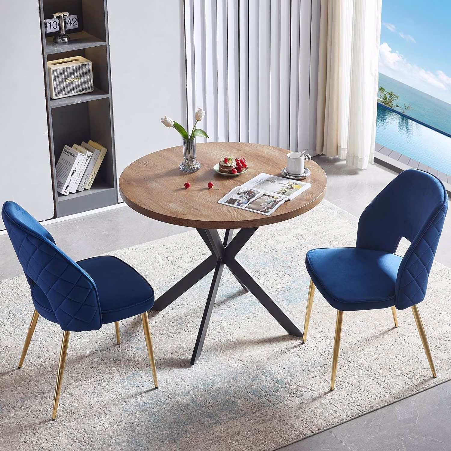 NORDICANA 5-Pieces 37-Inch Dining Table Set for 4 - Space Saving Round Table and Chairs with 4 Seaters Velvet Upholstered Chairs