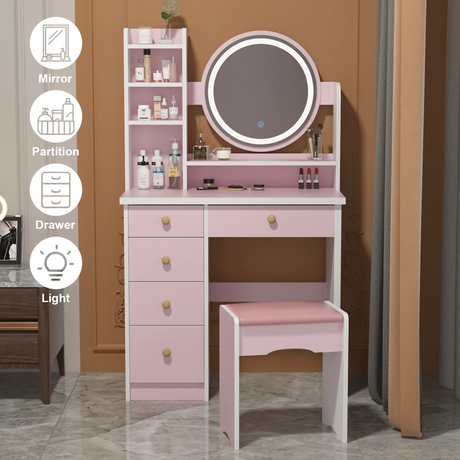 OXYLIFE Makeup Vanity Desk Table with Sliding LED Lighted Mirror, Cushion Stool, 4 Drawers and Shelves, White+Gray