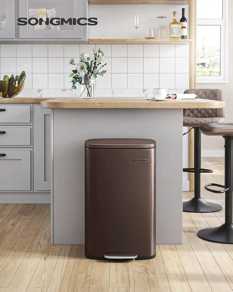 13 Gallon Stainless Steel Trash Can. Soft Close Step-On Pedal. Removable Bin. Brown ULTB50BR