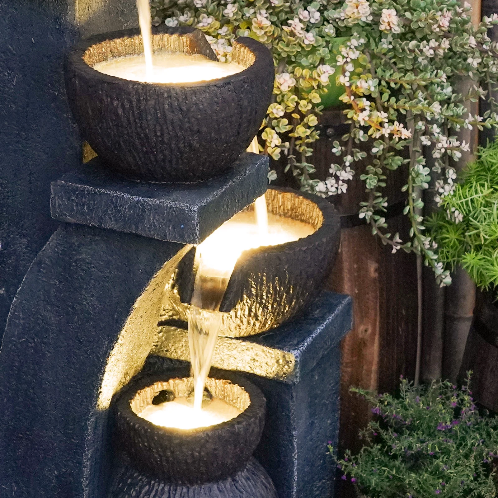 Outdoor Water Garden Fountain 37.40����H Waterfall Small Fountains Cascading Bowl and Jar Water Feature with LED Light for Backyard Patio Porch and Home Art Decor