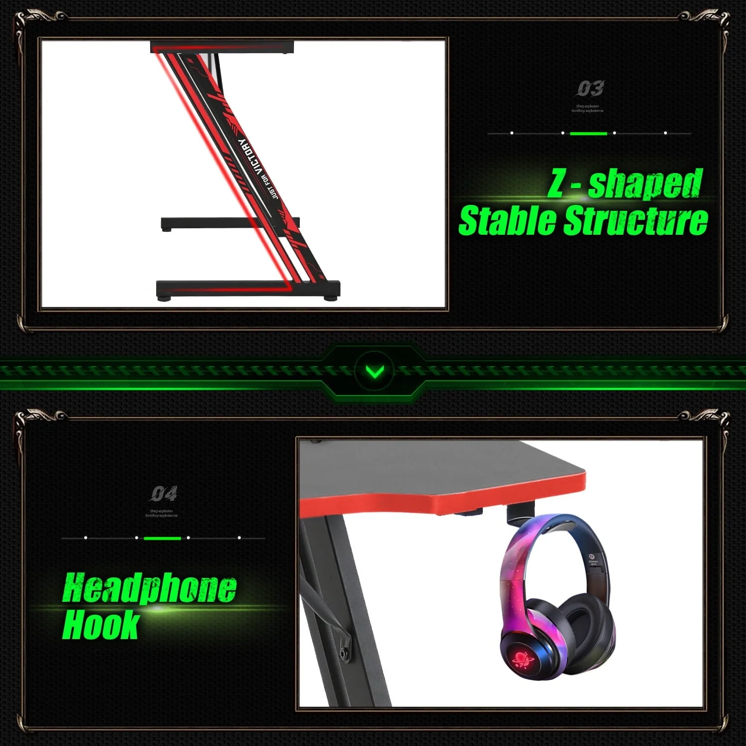 YRLLENSDAN Gaming Desk Z Shaped 40in Computer Gaming Workstation Ergonomic Gaming Table with Headphone Hook for Game Players, Red