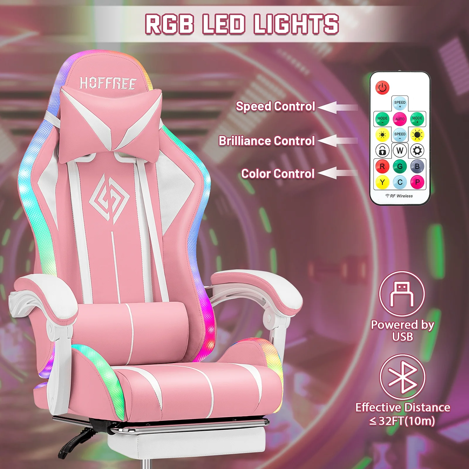 Hoffree Gaming Chair with Massage PU Leather Office Chair with Footrest and LED Light Ergonomic Gamer Chair Lumbar Support Adjustable Headrest High Back Computer Desk Chair for Home Office
