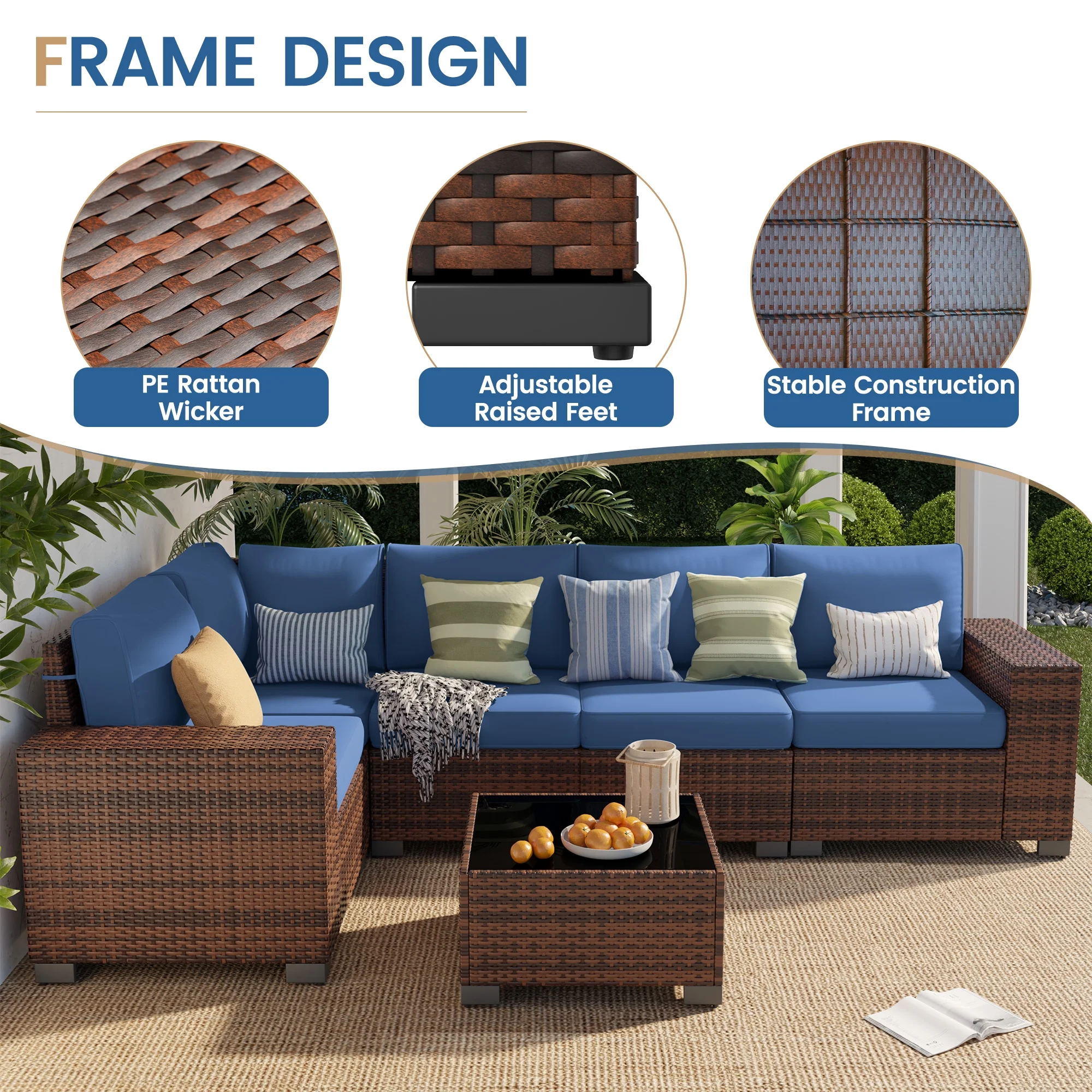 Poteban Patio Furniture Set 6 PCS Outdoor Sectional Conversation Sets Featuring Widen Wicker Armrests and High Back, Black (Waterproof Covers Included)