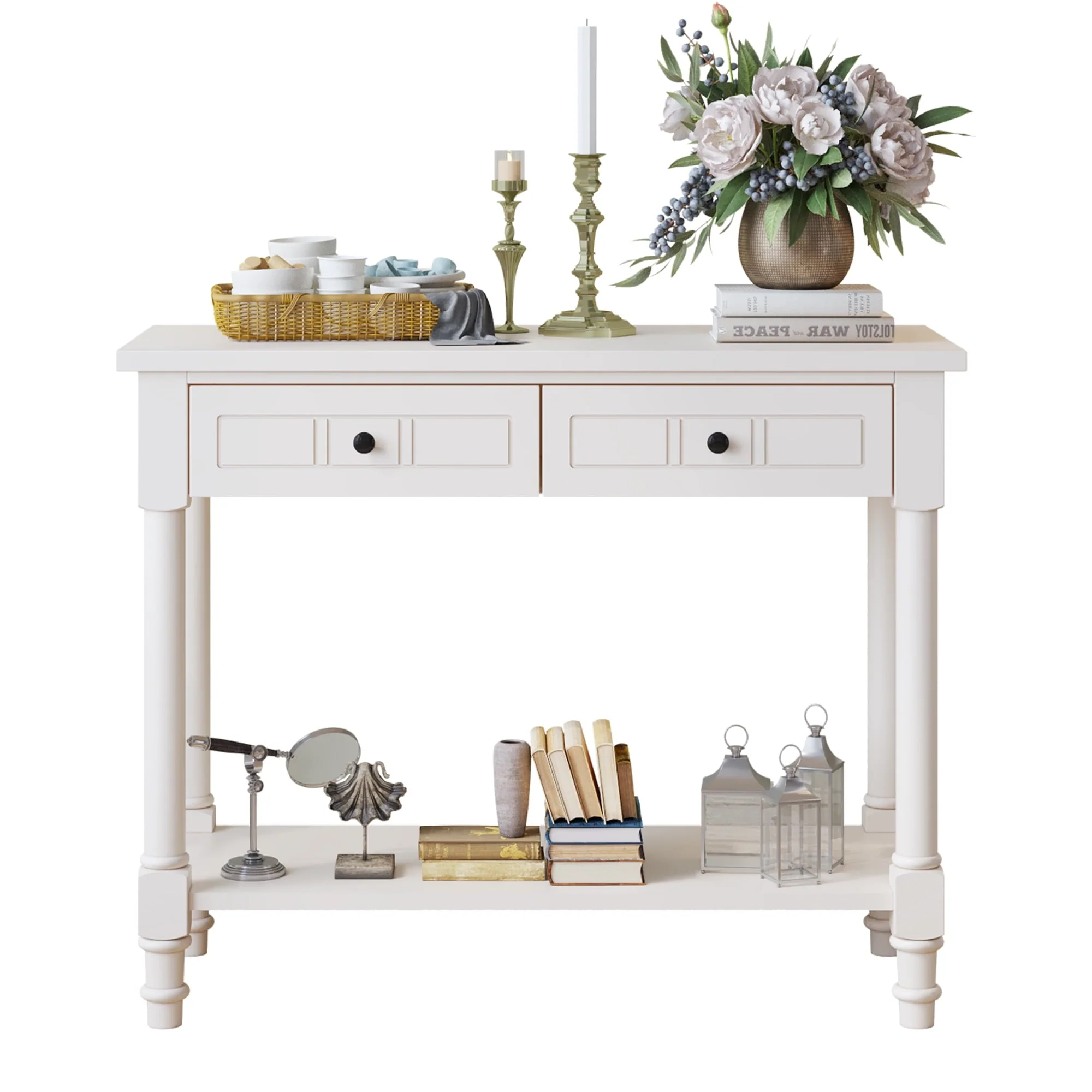 Ktaxon Wooden Console Table with 2 Drawers and Storage Shelf, Sofa Table Entryway Table Side Desk TV Stand for Living Room Hallway Kitchen, Ivory White