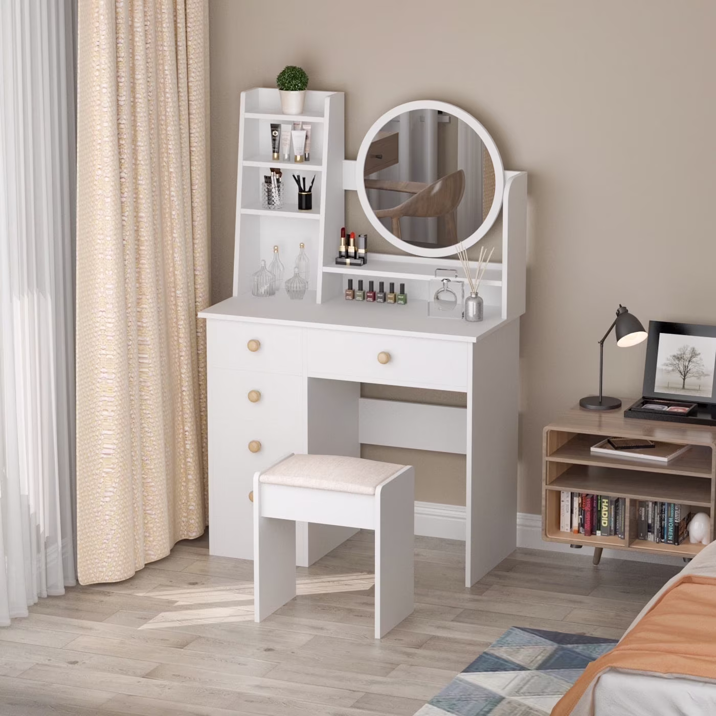 KULAGAGA Vanity Table Set with Light Mirror, Makeup Table with 3 Storage Shelves & 5 Drawers, Dressing Vanity Tables with , Dresser Desk for Girls, Women, White