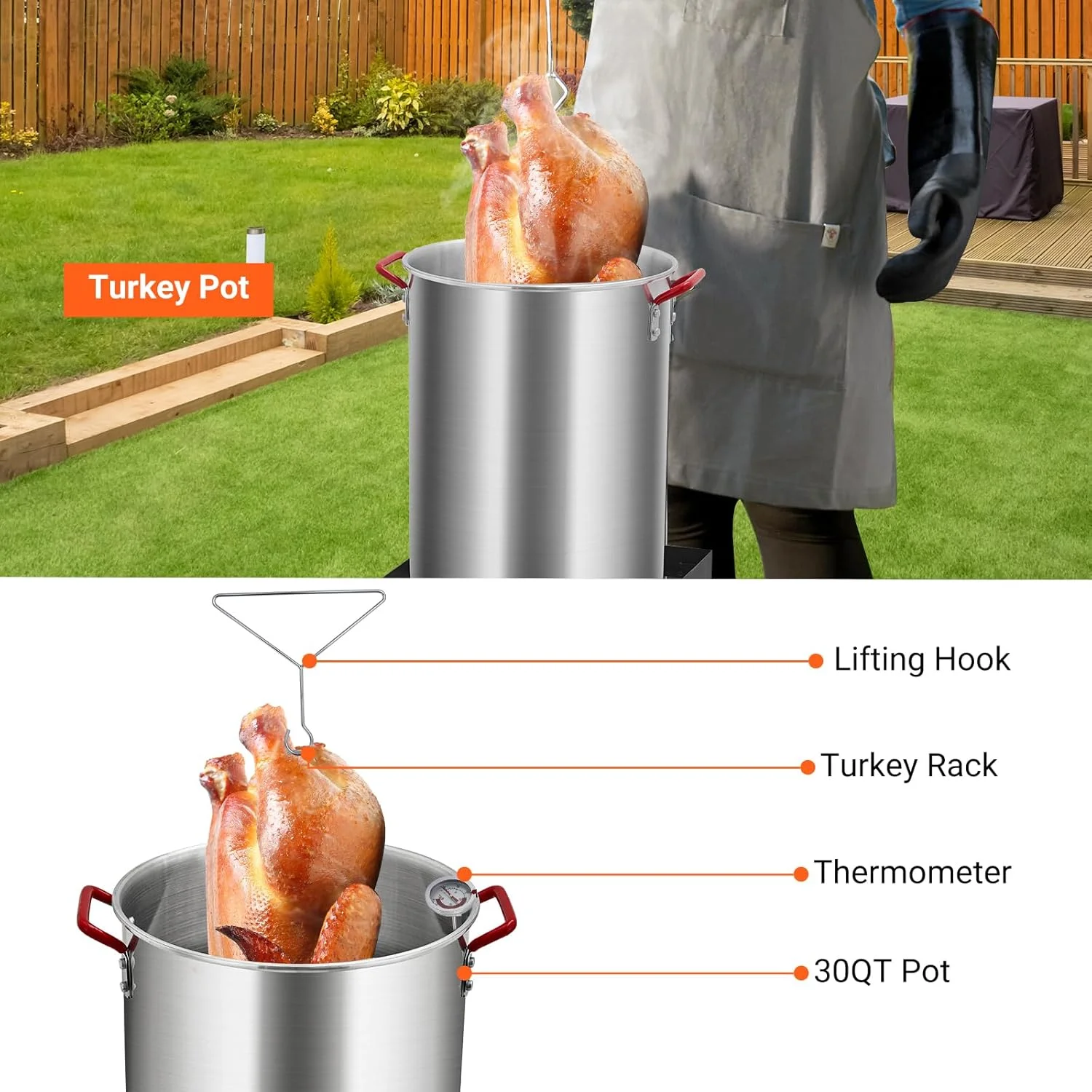 30 QT Turkey Fryer Cooker Set and 10 QT Kit,Home 50,000 BTU Aluminum Turkey Deep Fryer and Propane Burner Kit, Outdoor Propane Deep Fryers Stove Burner Stand, Baskets, Marinade Injector, Temperature Gauge