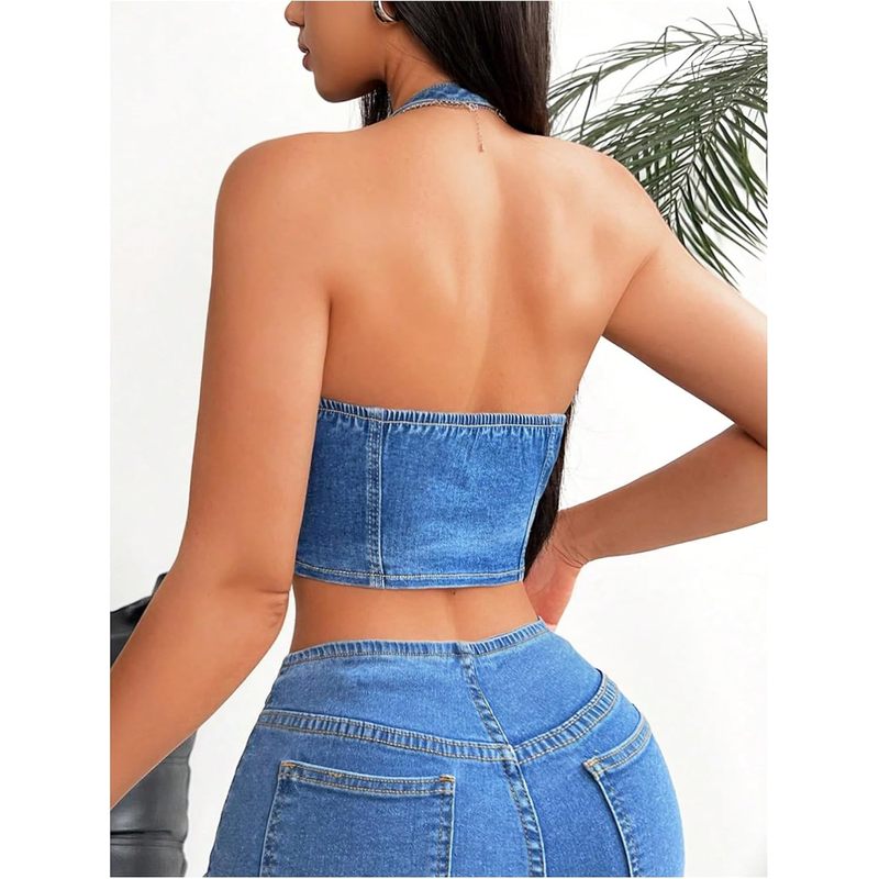 Women's Denim Vest Top Halter Sleeveless Open Back Jean Crop Corset Tops