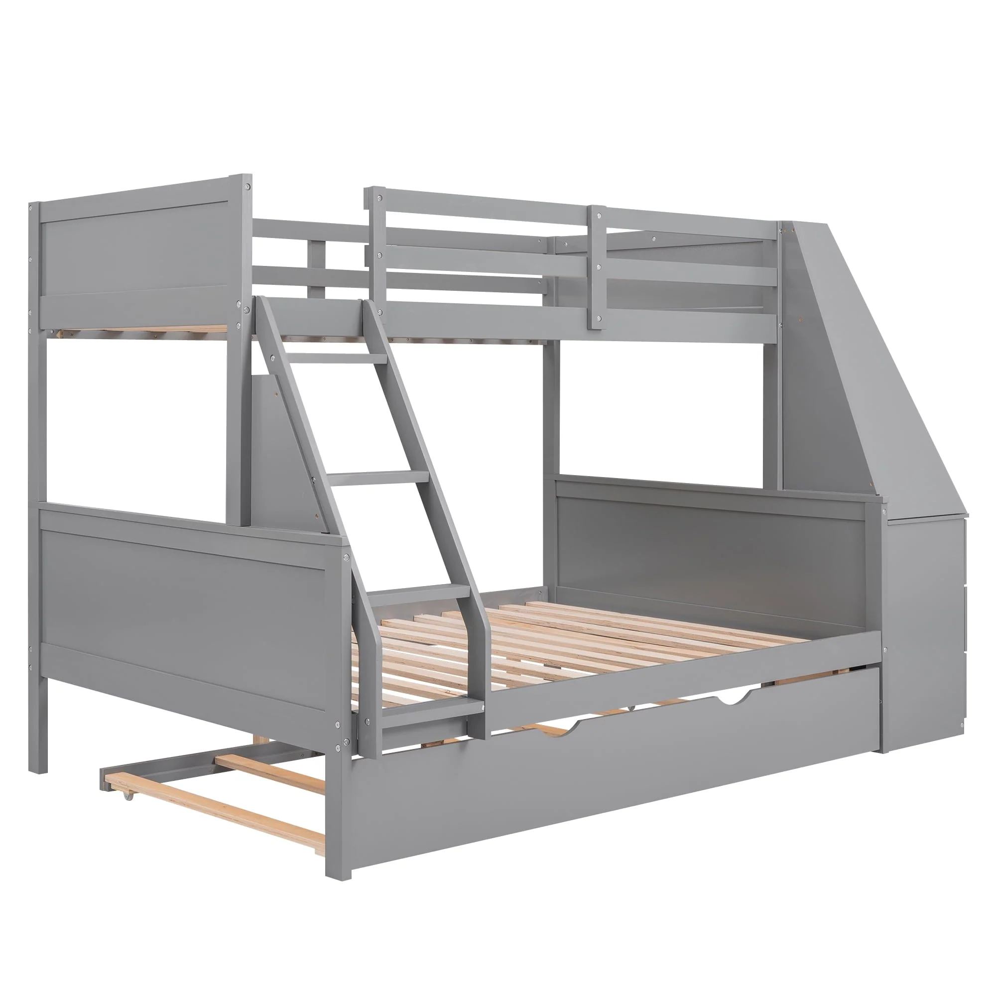 EUROCO Twin over Full Bunk Bed with Trundle, Built-in Desk with Bookcase and 3 Drawers for Kids, Gray