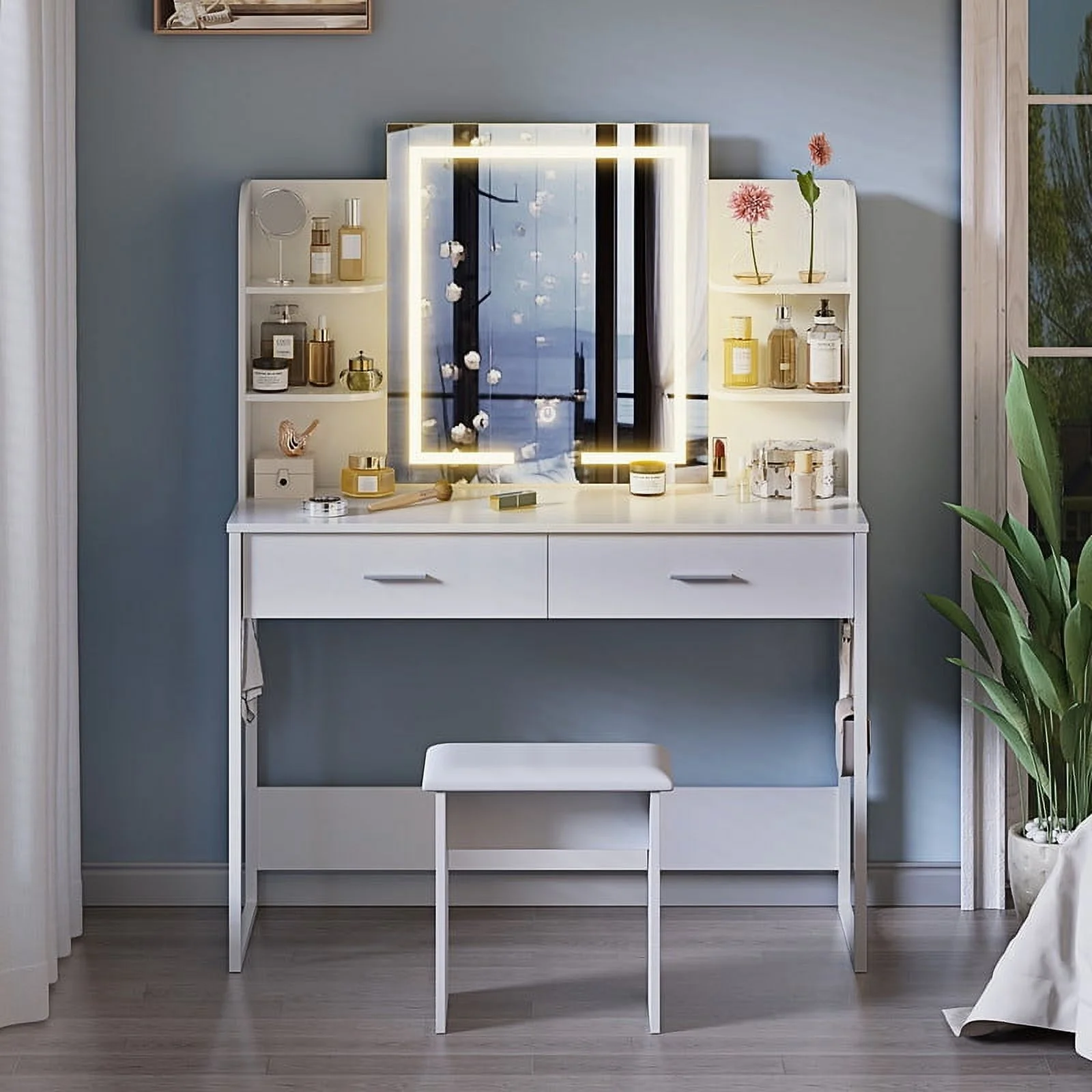 Vanity Desk with Chair, White Makeup Desk Set with Mirror & LED Lights, Vanity Table with Power Strip, 2 Drawers, 4 Shelves