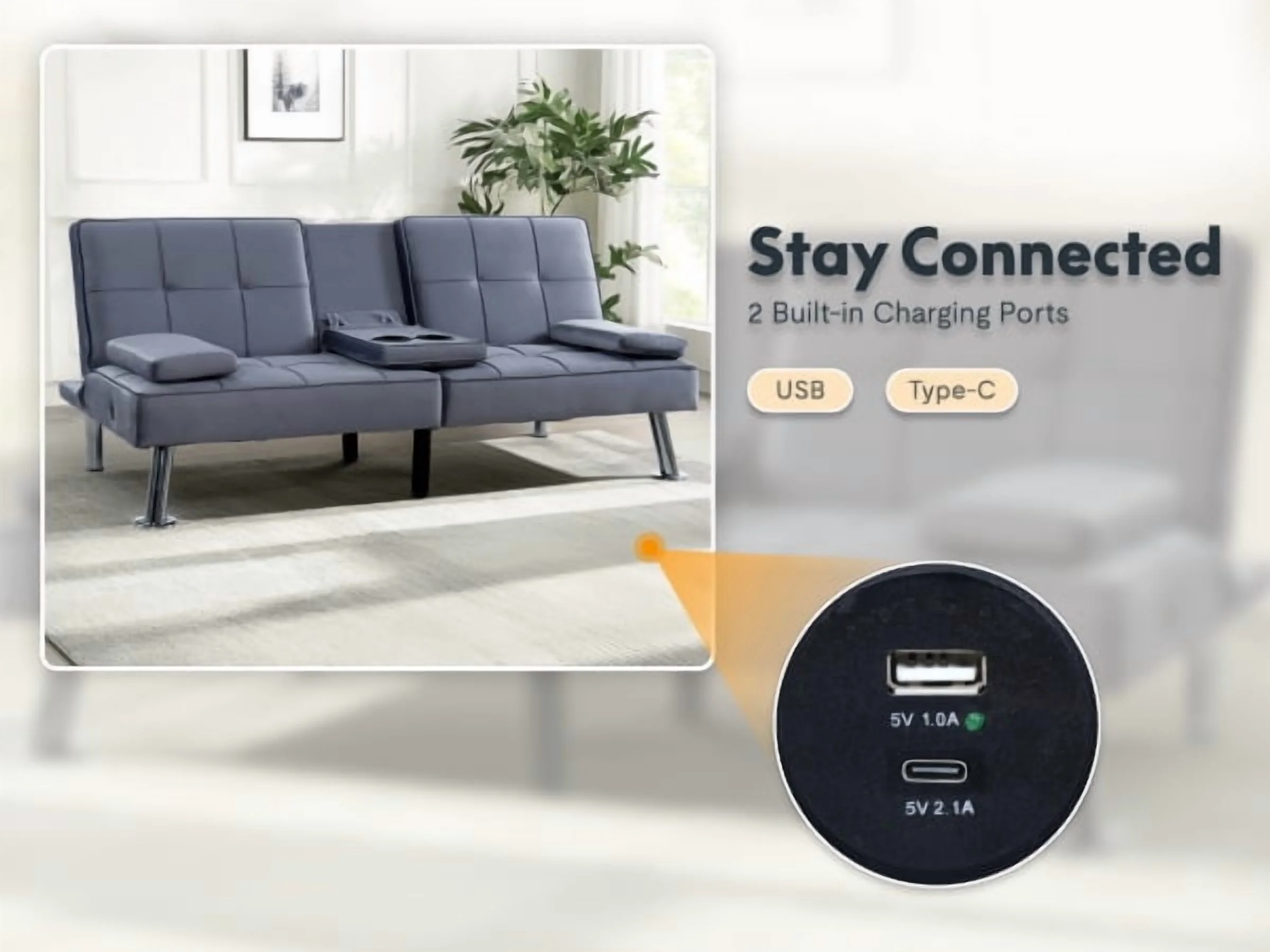 FLEXISPOT XCT3 Convertible Futon Sofa Bed with USB and Type-C Ports, Adjustable Backrest, Foldable