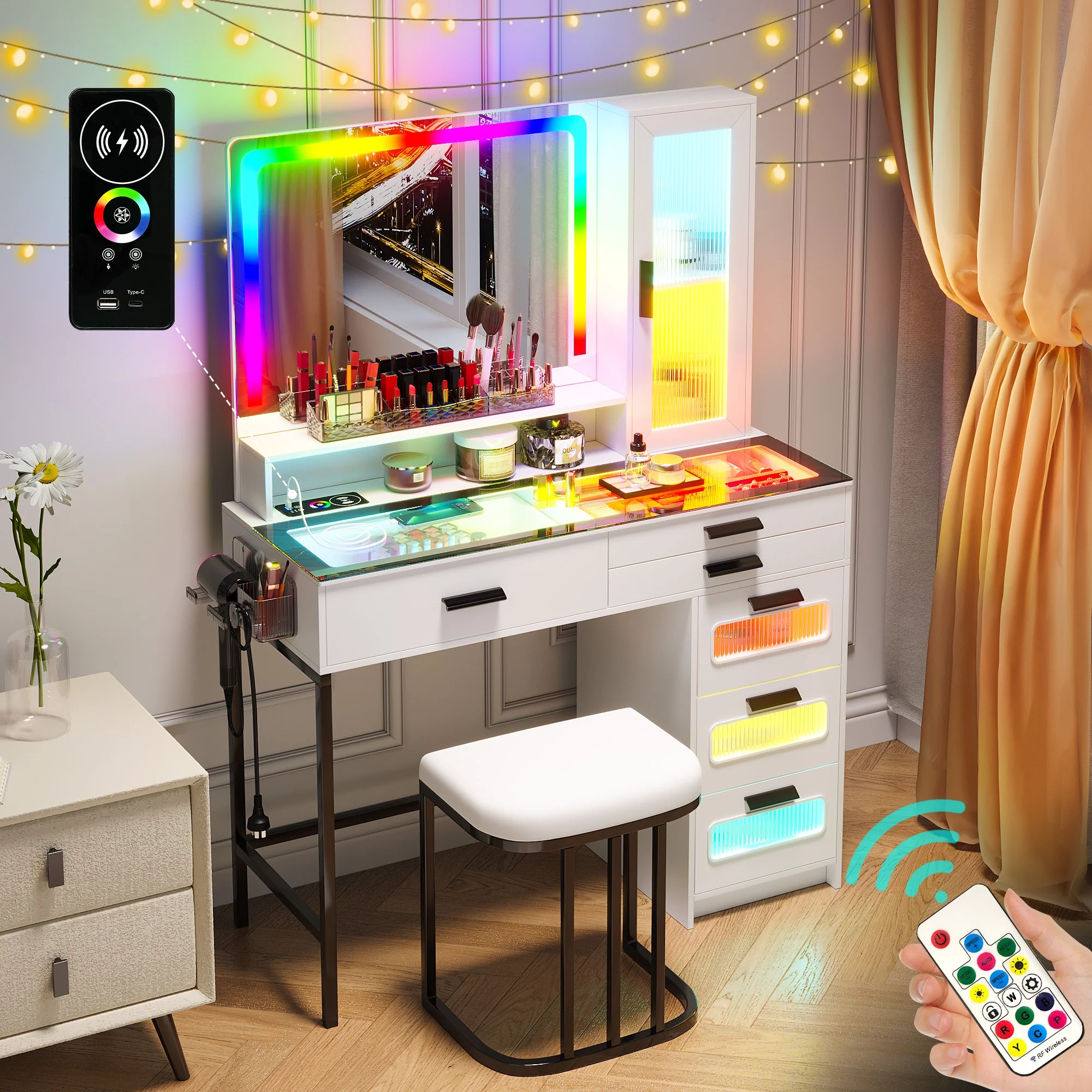 HNEBC Vanity Desk with Mirror and RGB Lights, Glass Top Makeup Vanity with Auto Sensor Lights and Wireless Charging, Vanity Table Set with Cushion Stool, Dressing Table with 6 Drawers (White)