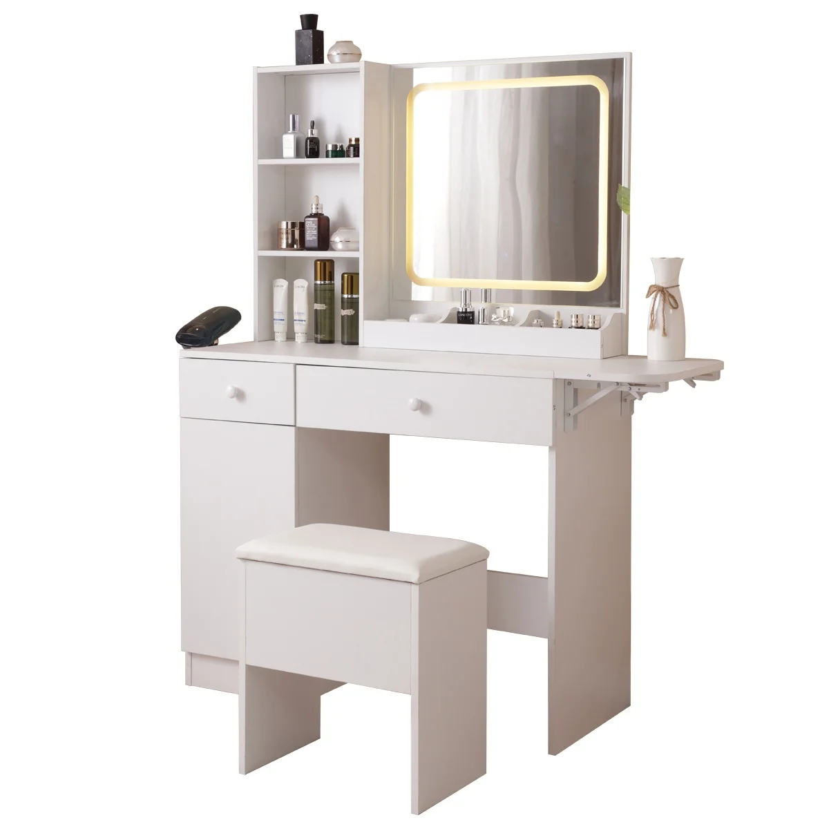 PORKISS Makeup Vanity Desk with Mirror & Lights, Vanity Table Set with Power Outlet & Hair Dryer Rack, Modern Dressing Table for Bedroom with 2 Drawers, Storage Cabinet and Storage Stool, White