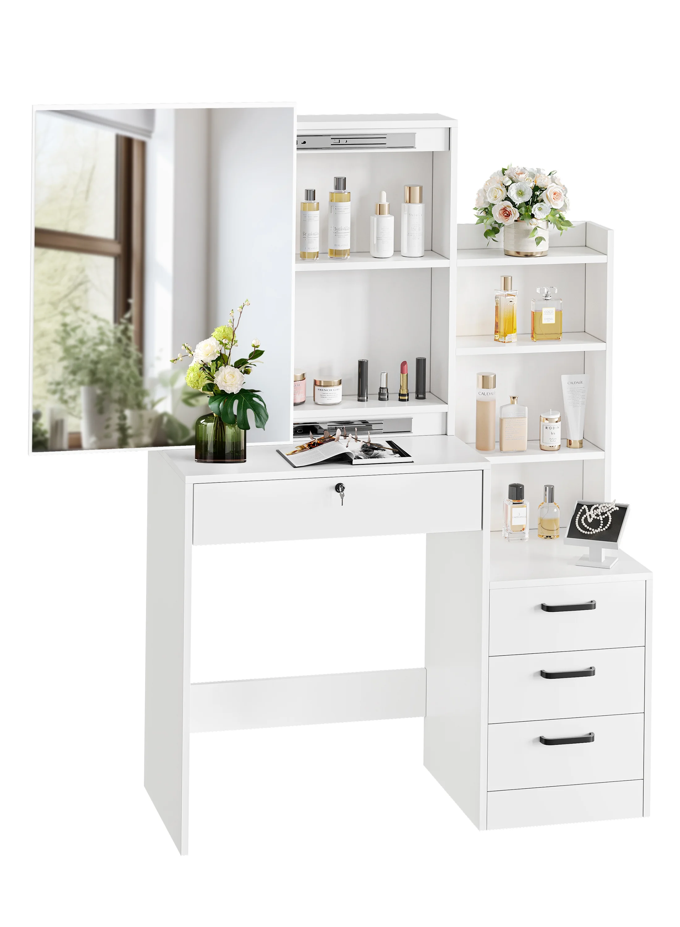 Fenbeli Vanity Set with Mirror and Lights, Makeup Vanity with 3 Drawers, Vanity Desk for Girls, Women, White