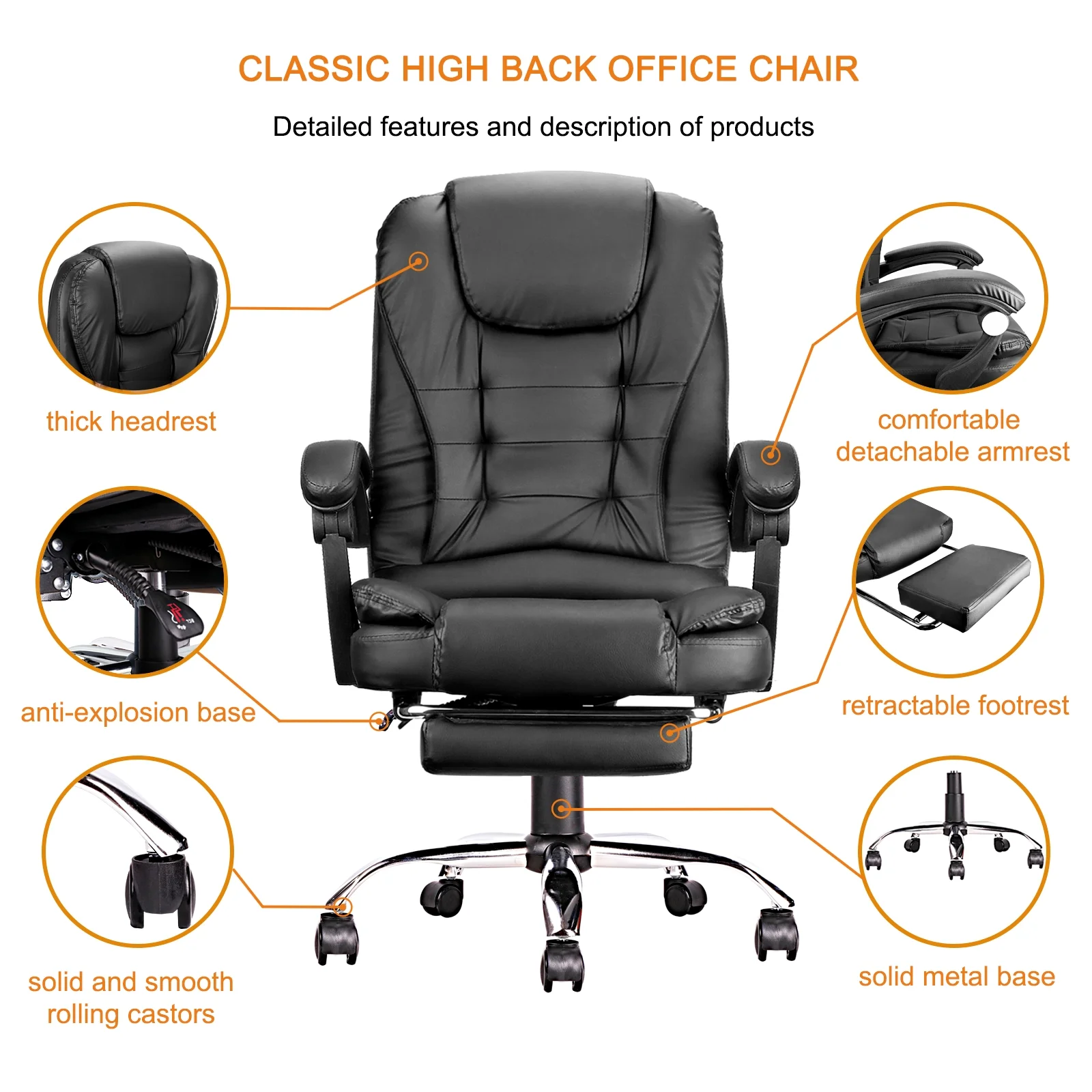 iMucci Office Chair Big High Back PU Leather Computer Desk Chair, 300lbs Heavy Duty Ergonomic Adjustable Executive Swivel Chair with Leg Rest and Lumbar Support, Black